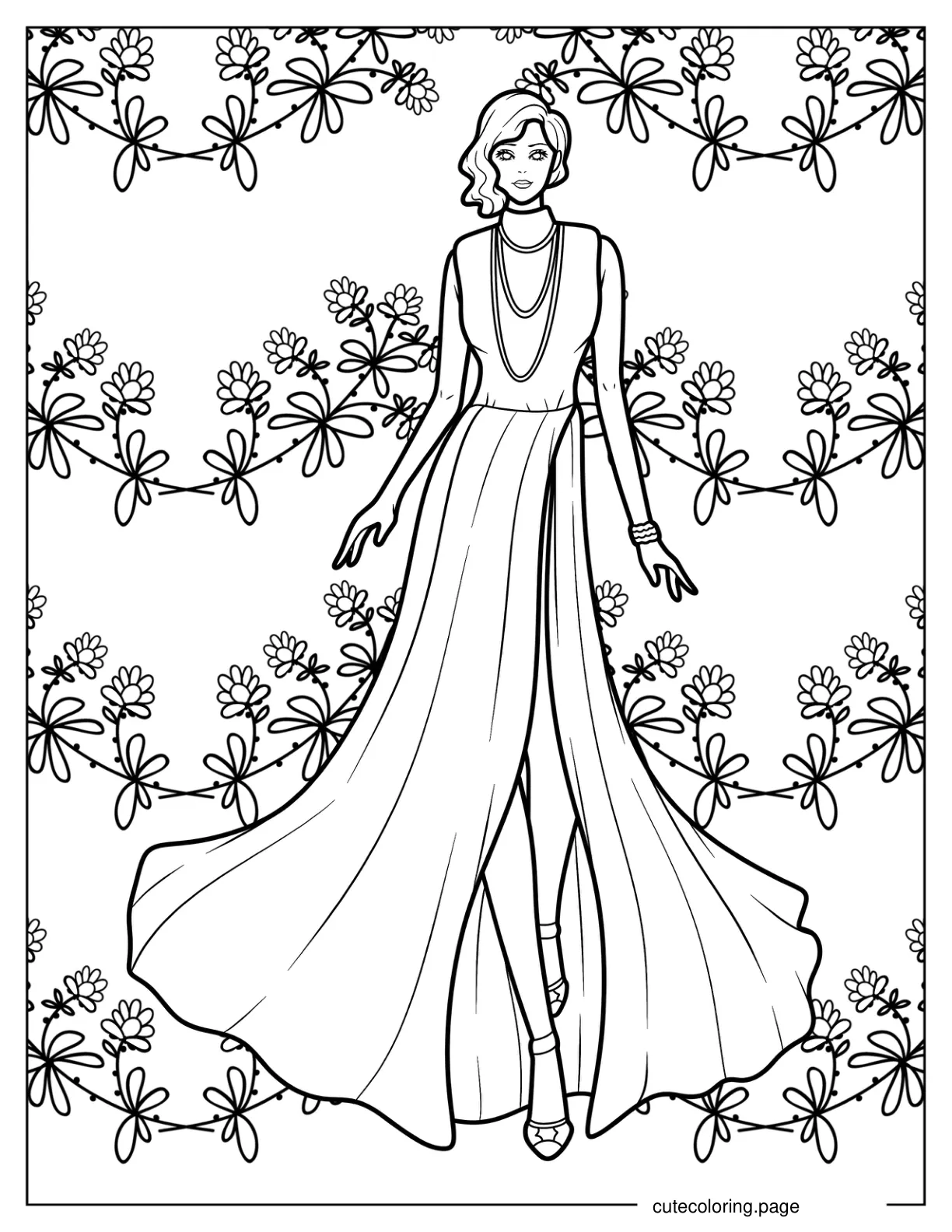 Model In Fashionable Turtleneck Gown With High Slit Coloring Page coloring page