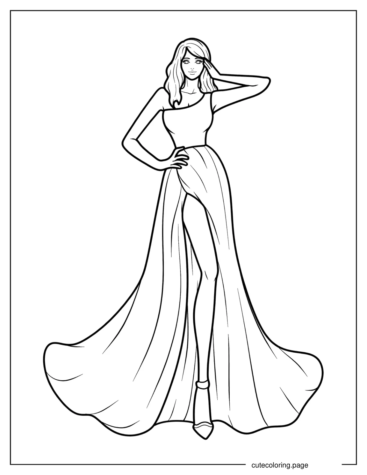 Model In One Shoulder Top And High Slit Skirt Coloring Sheet coloring page