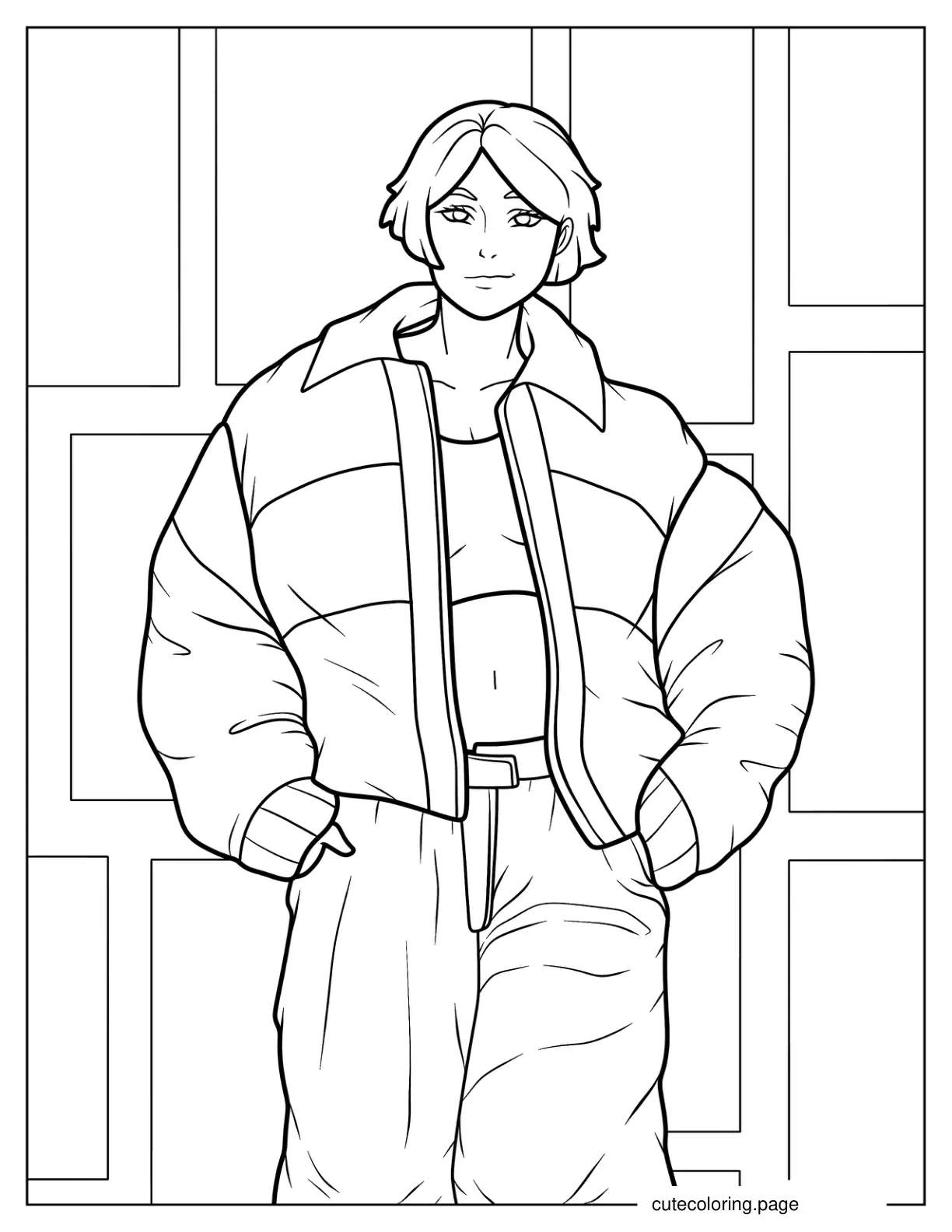 Realistic Woman In Crop Top And Puff Jacket coloring page