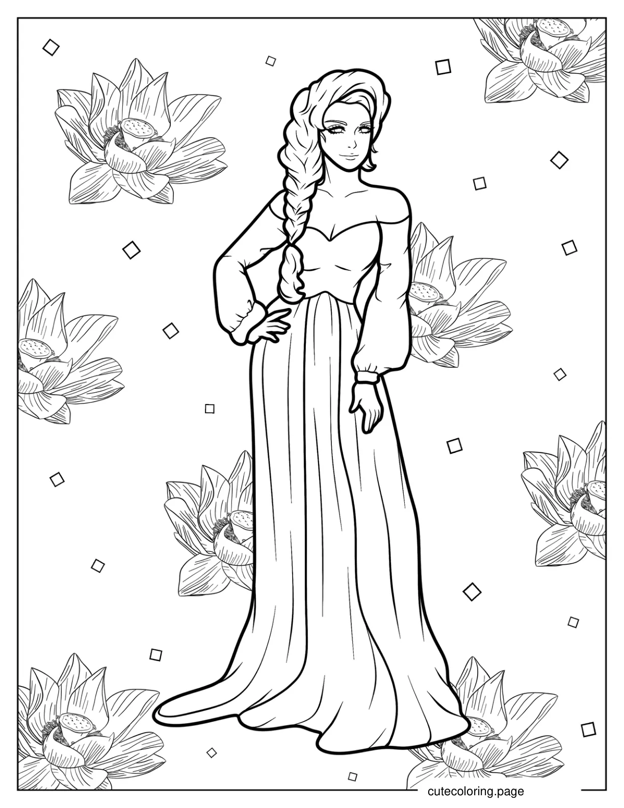 Realistic Woman With Braided Hair Wearing Sweetheart Neckline Long Gown coloring page