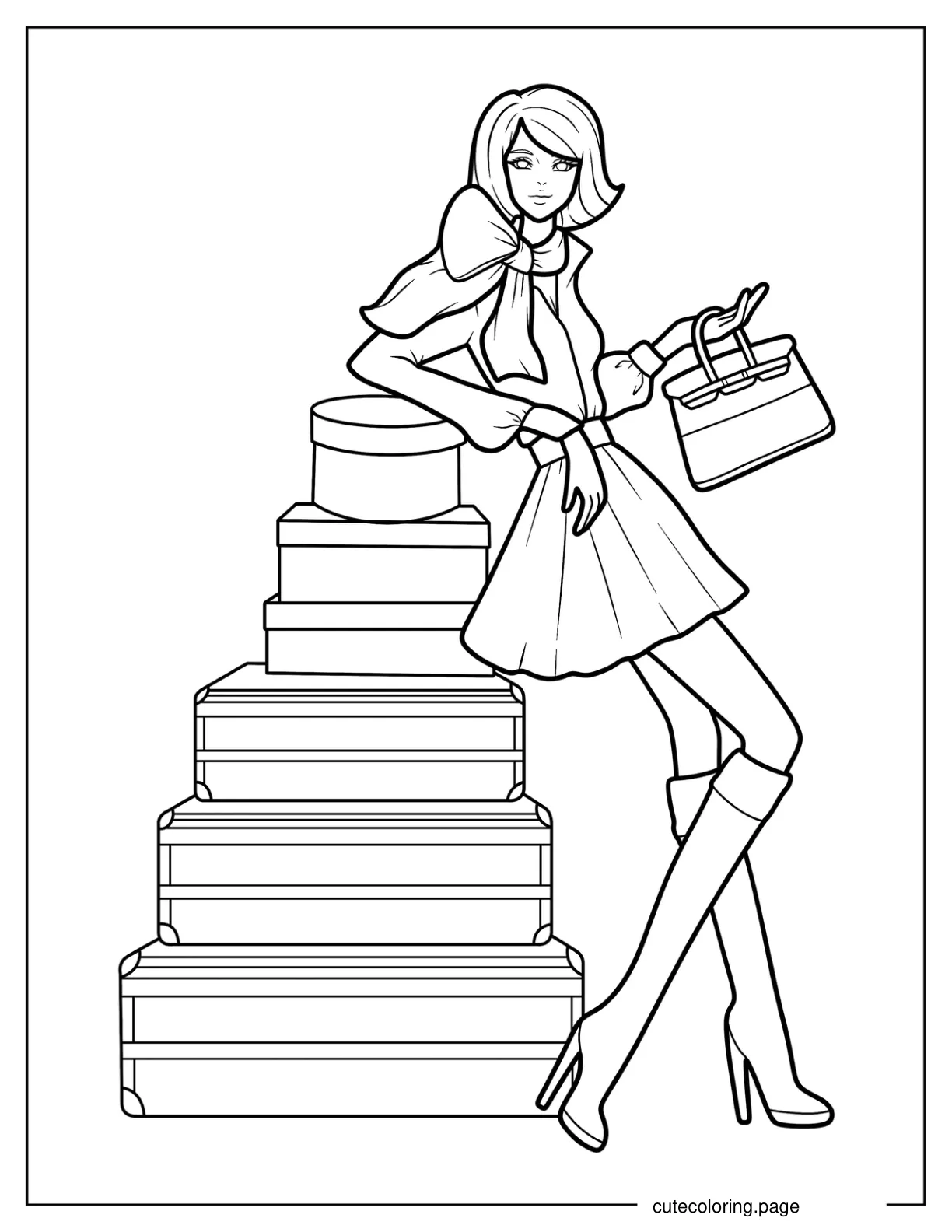 Woman In Chic Dress With Large Scarf Leaning On Boxes Of Clothes coloring page