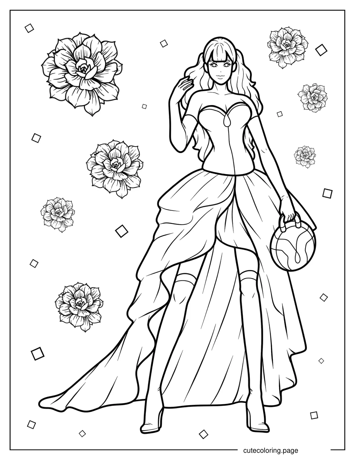 Woman In High Fashion Gown Coloring Sheet coloring page