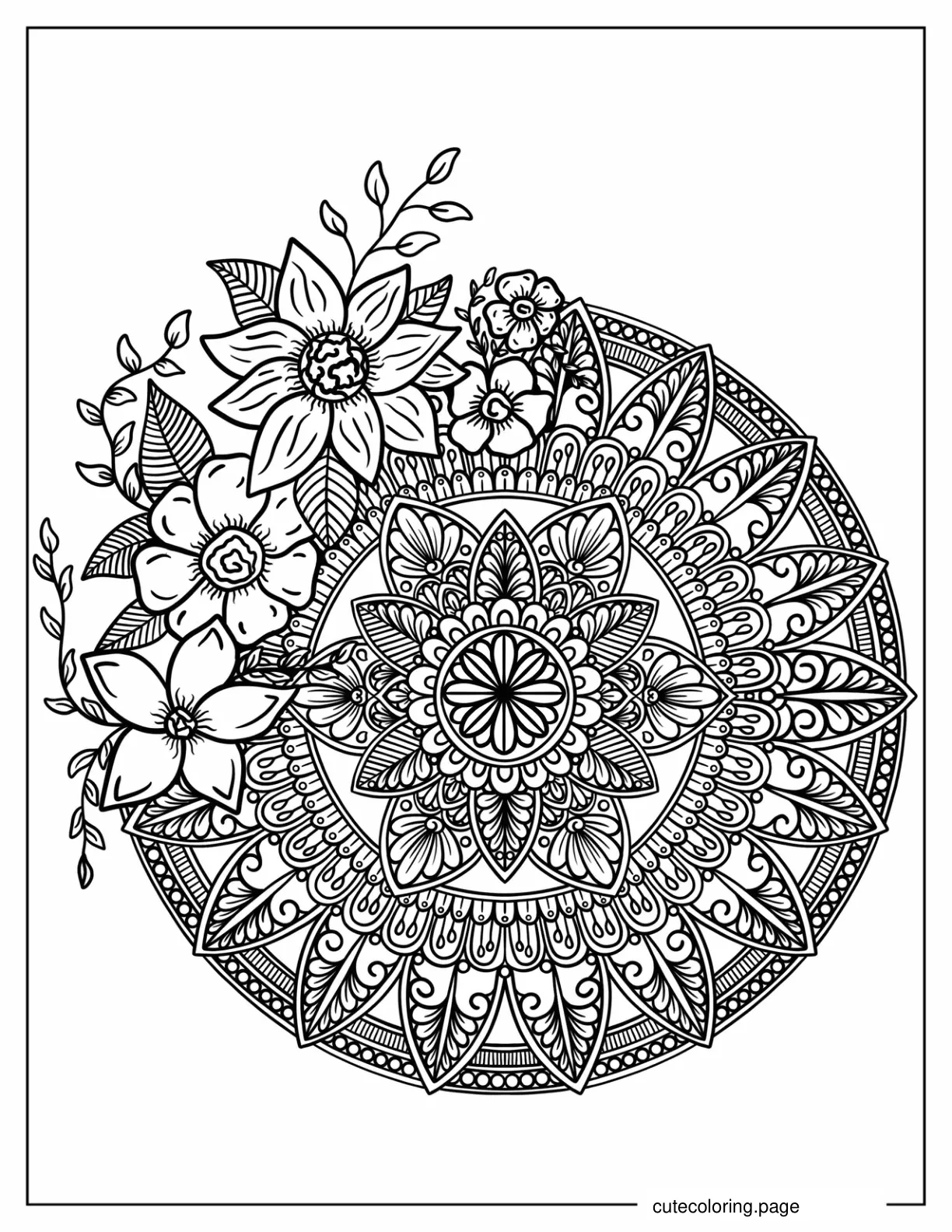 Daisy Flower Mandala With Leaves Coloring Page coloring page