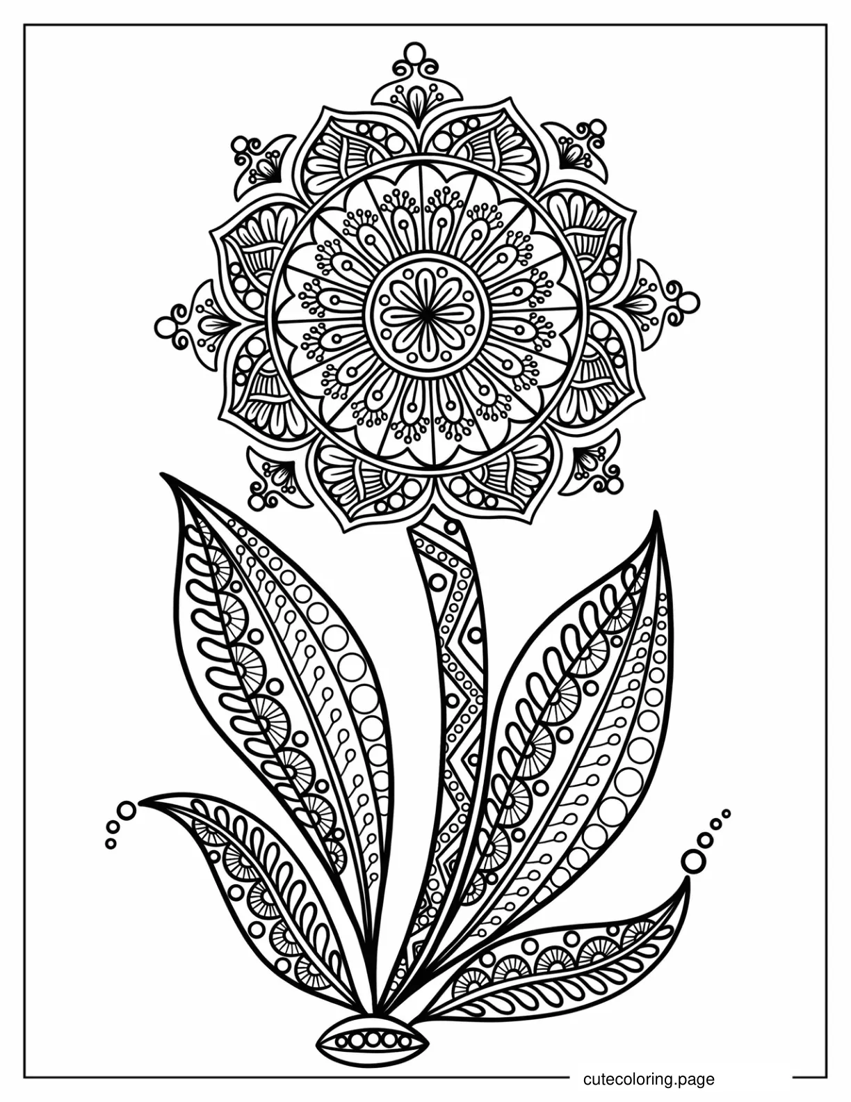 Daisy Shaped Flower Mandala With Stem And Leaves Coloring Page coloring page