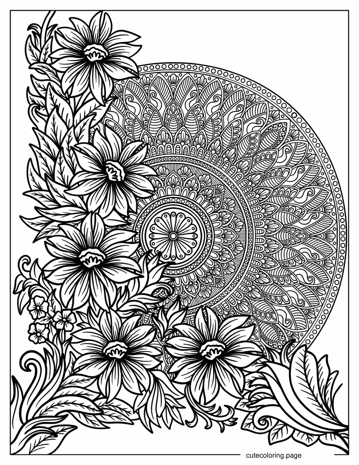 Difficult Flower Mandala With Realistic Sunflowers Coloring Page coloring page