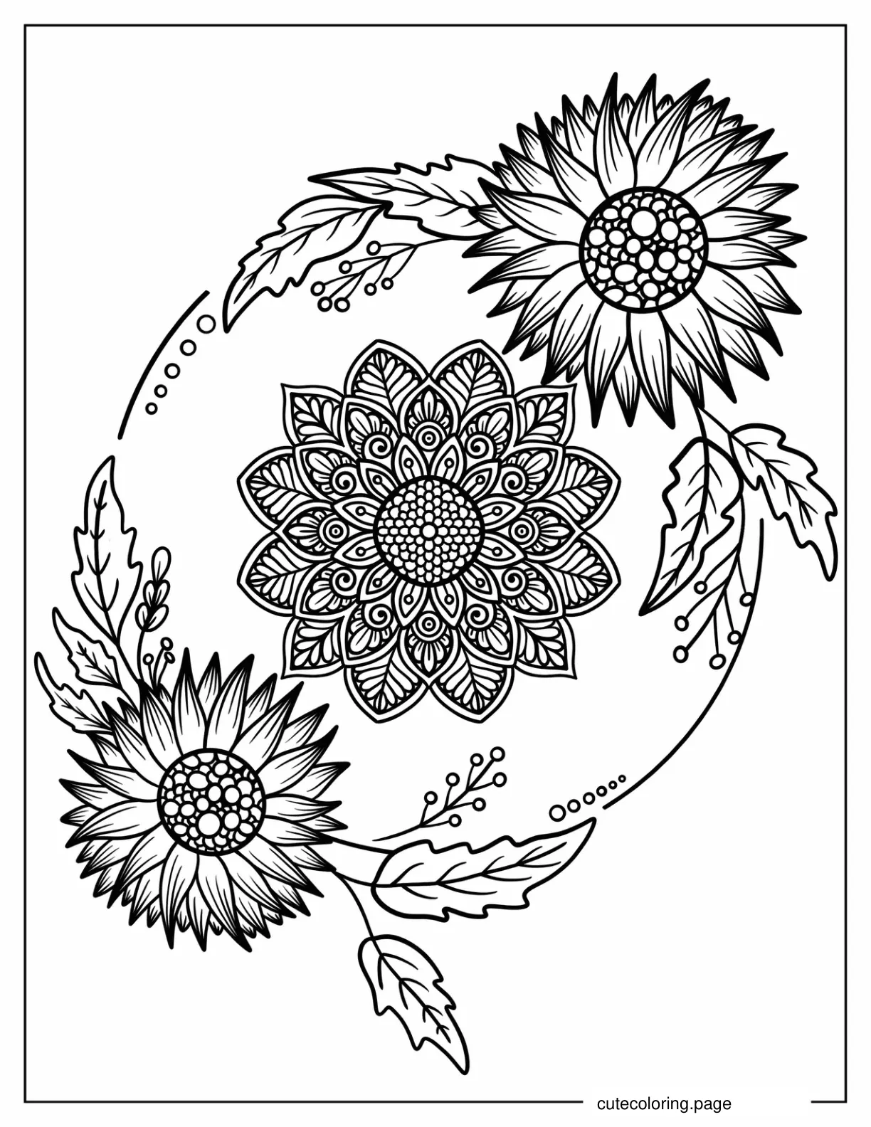 Sunflowers And Leaves Around A Flower Mandala Coloring Page coloring page