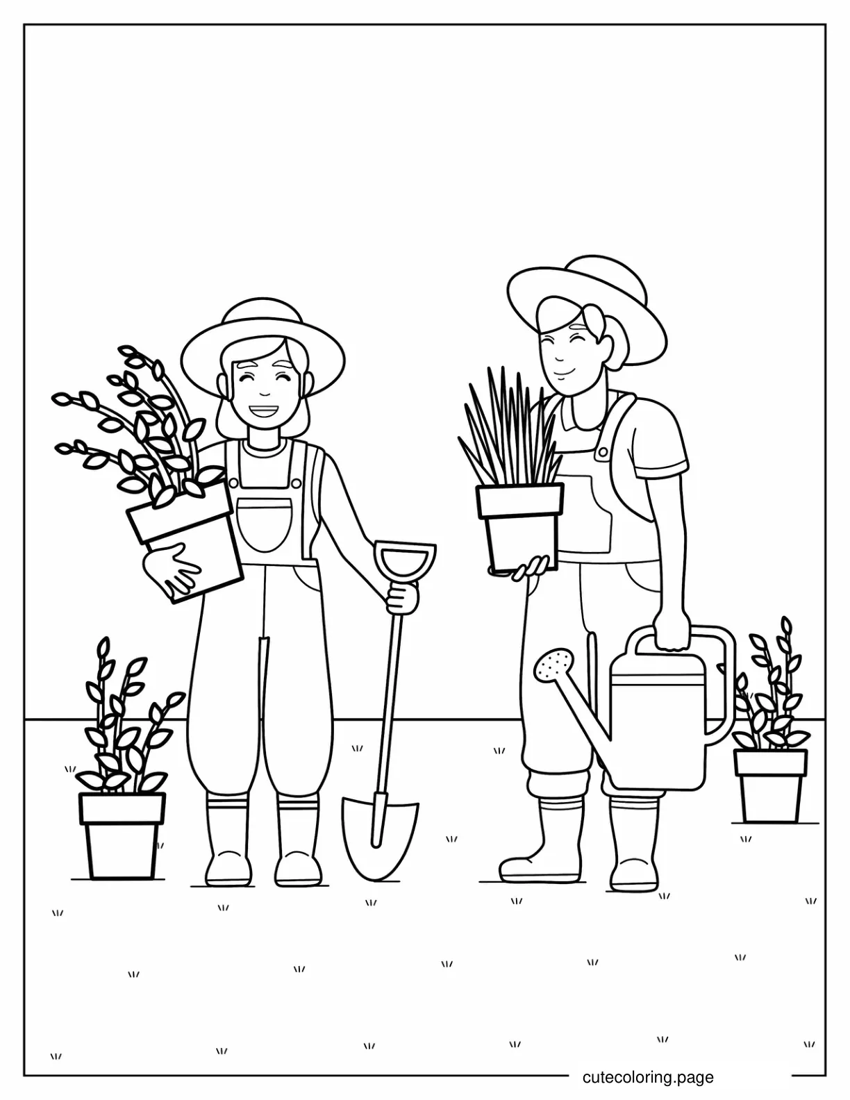 Cute Boy And Girl Gardeners coloring page