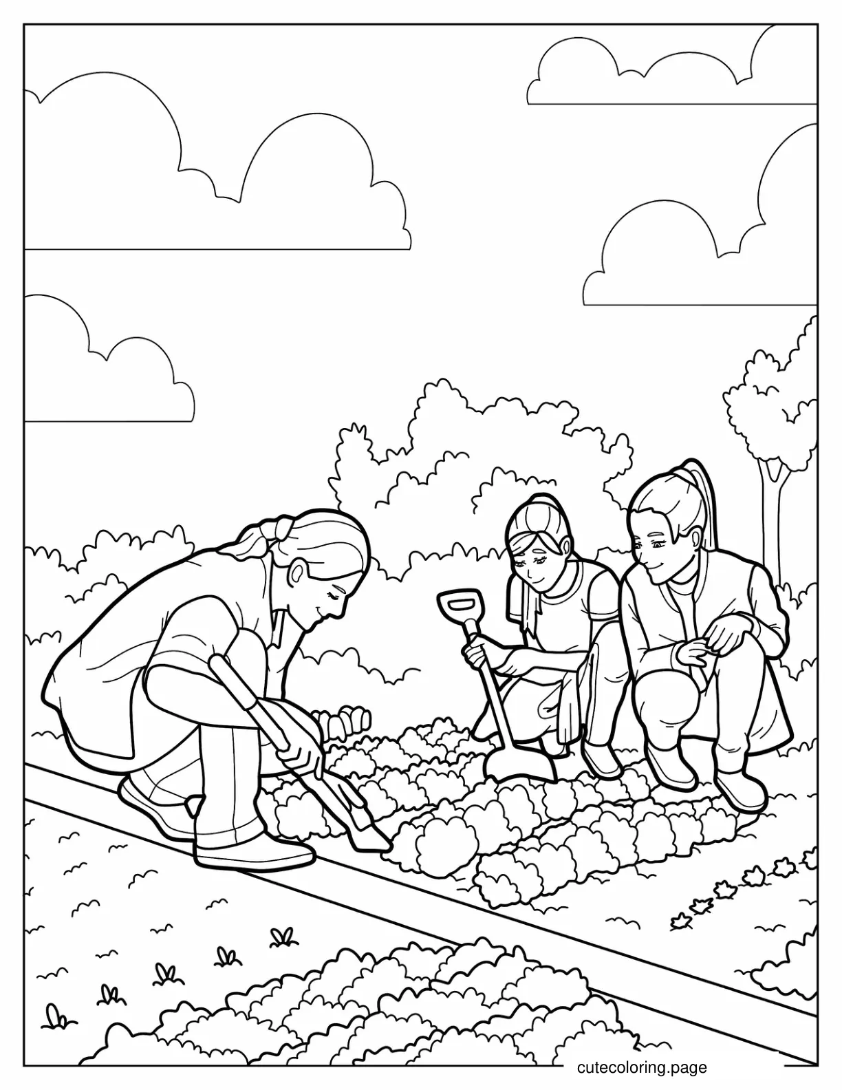 Family Gardening Together Coloring Sheet coloring page