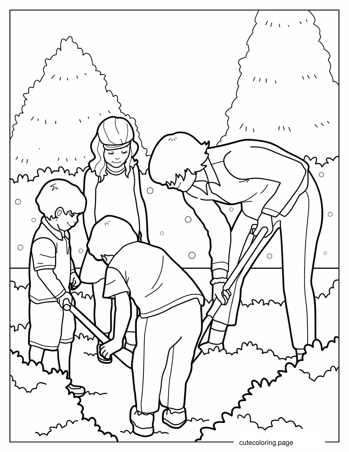 Father And Children Shoveling In The Garden coloring page