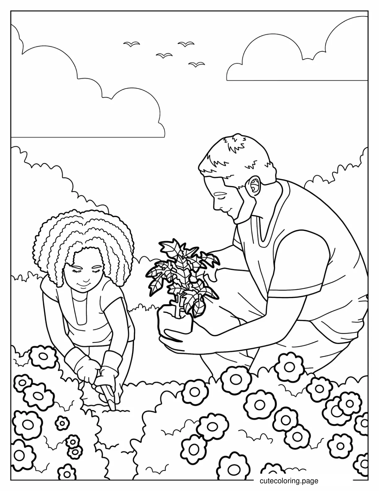 Father And Daughter Gardening Together coloring page