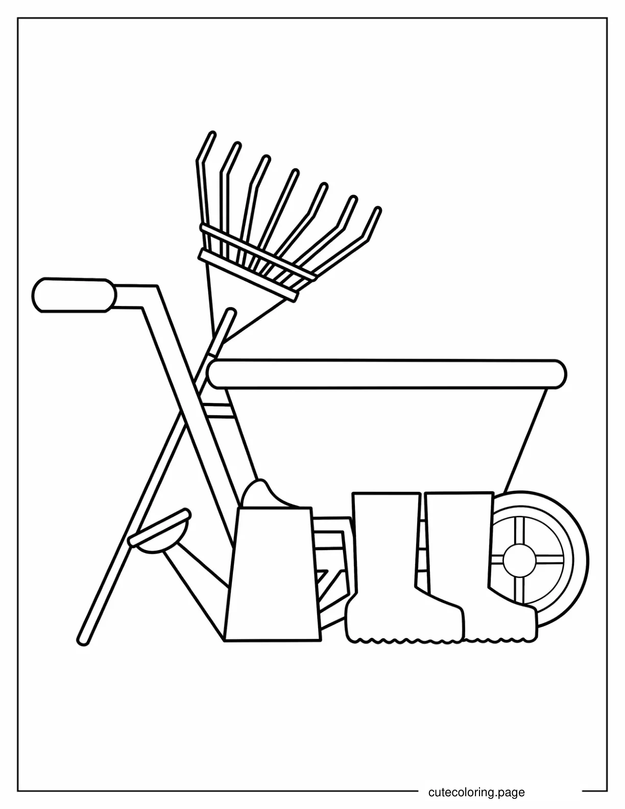 Garden Fork Wheelbarrow Boots and Watering Can Outline For Preschoolers coloring page