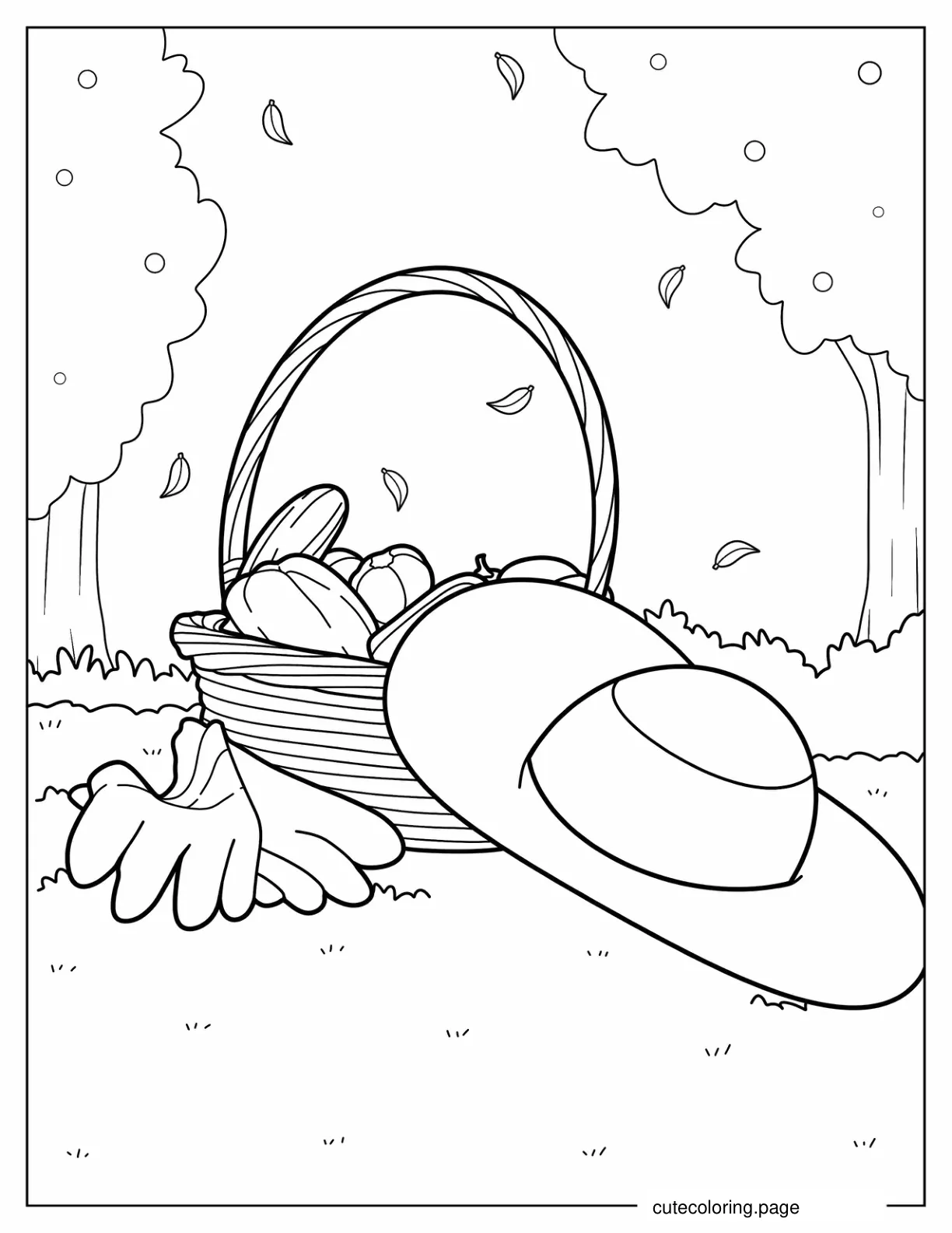 Gardener_s Hat And Gloves Beside Fruit Basket coloring page