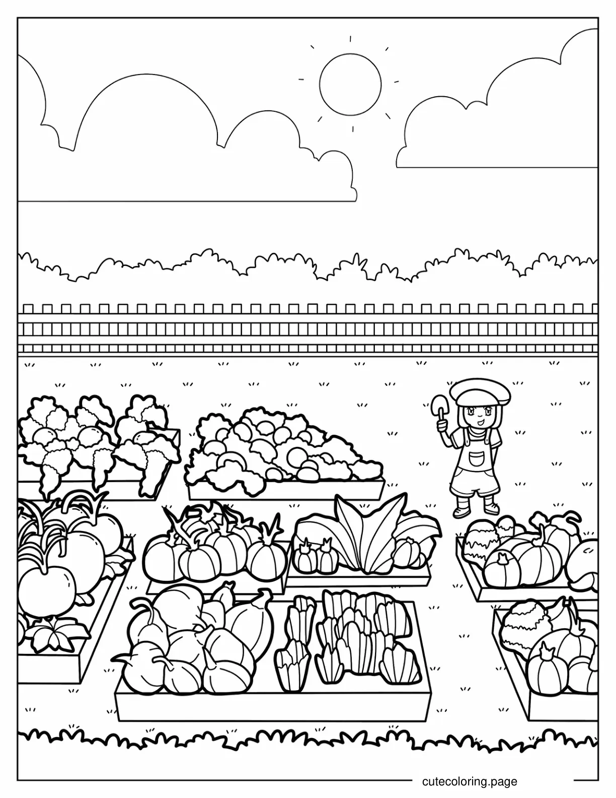 Kawaii Coloring Sheet of Gardener Tending To Vegetable Patches coloring page