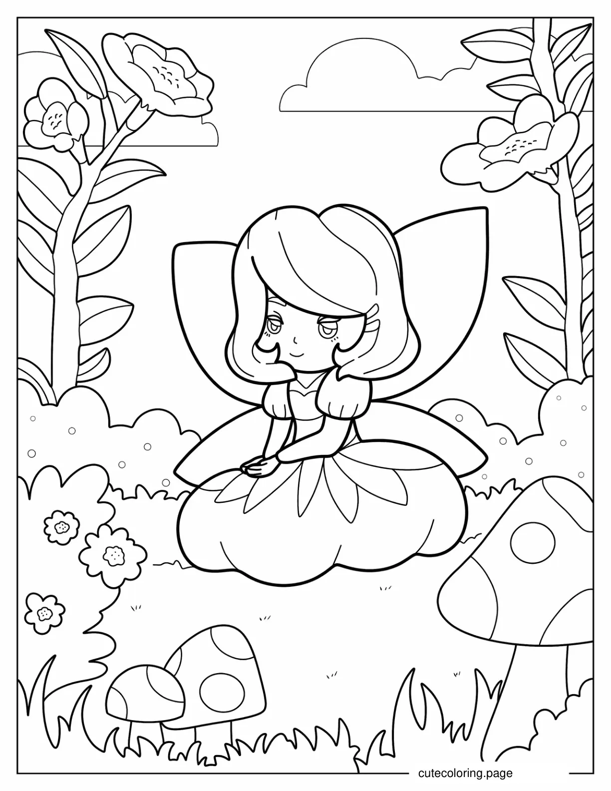 Kawaii Fairy Sitting In Flower Garden coloring page