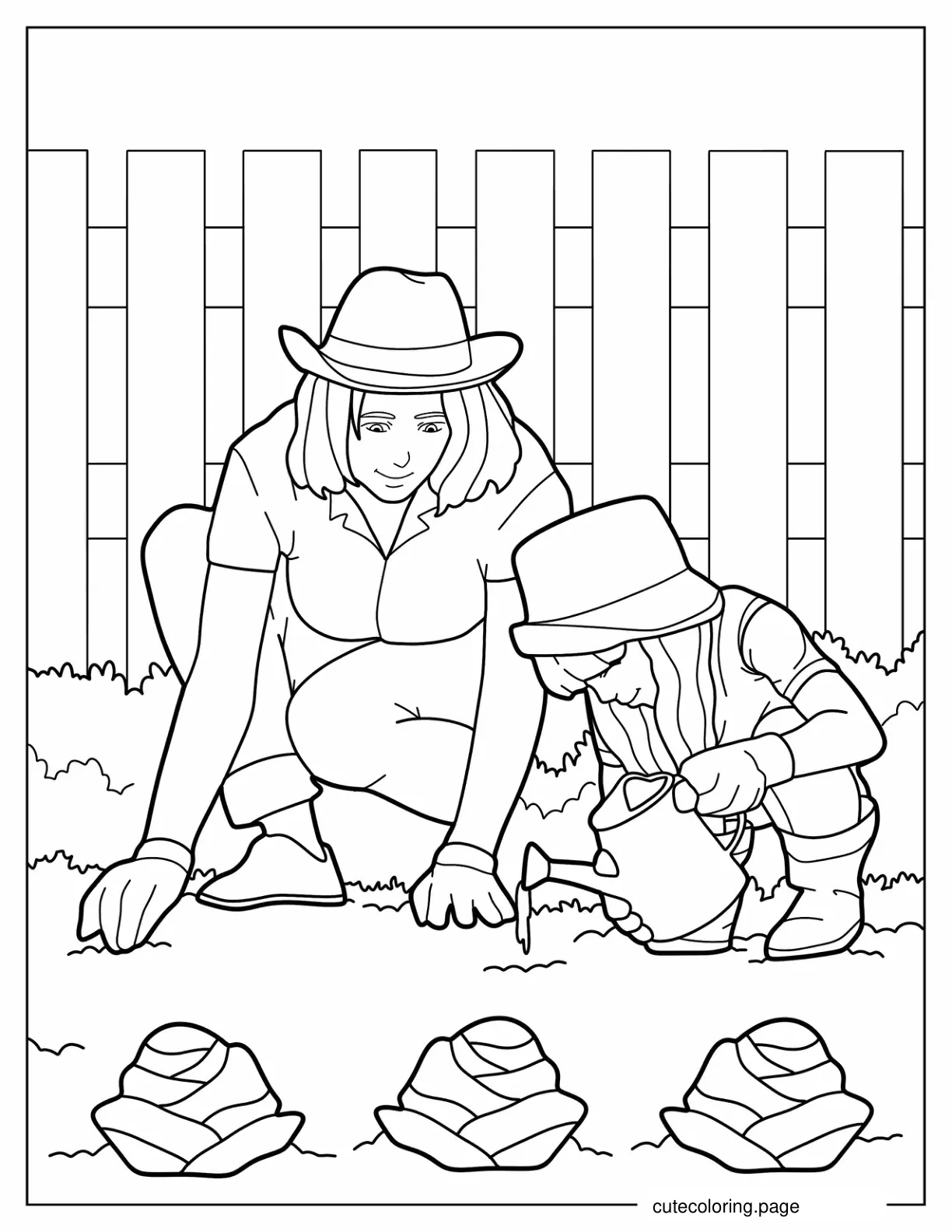 Realistic Mother And Daughter Sowing Seeds coloring page