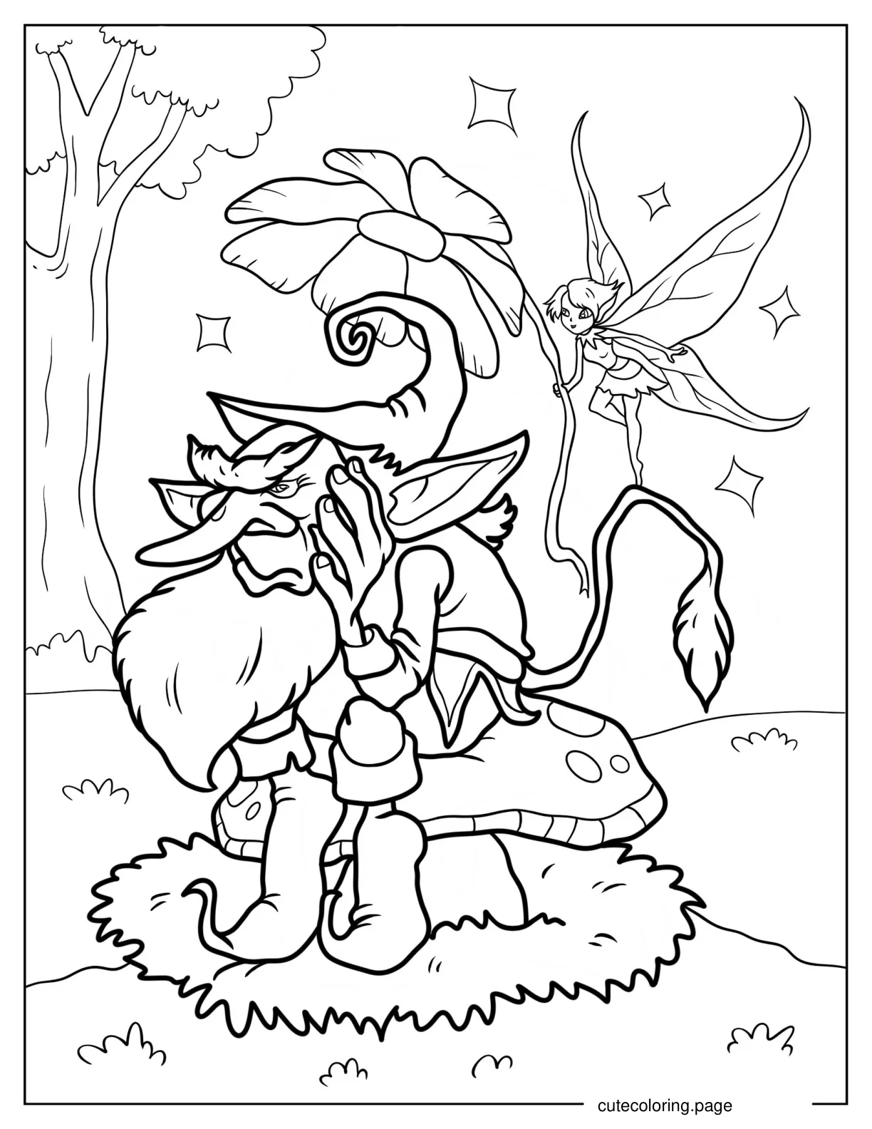 Angry Gnome Sitting On Mushroom With Fairy Behind Him 1 coloring page