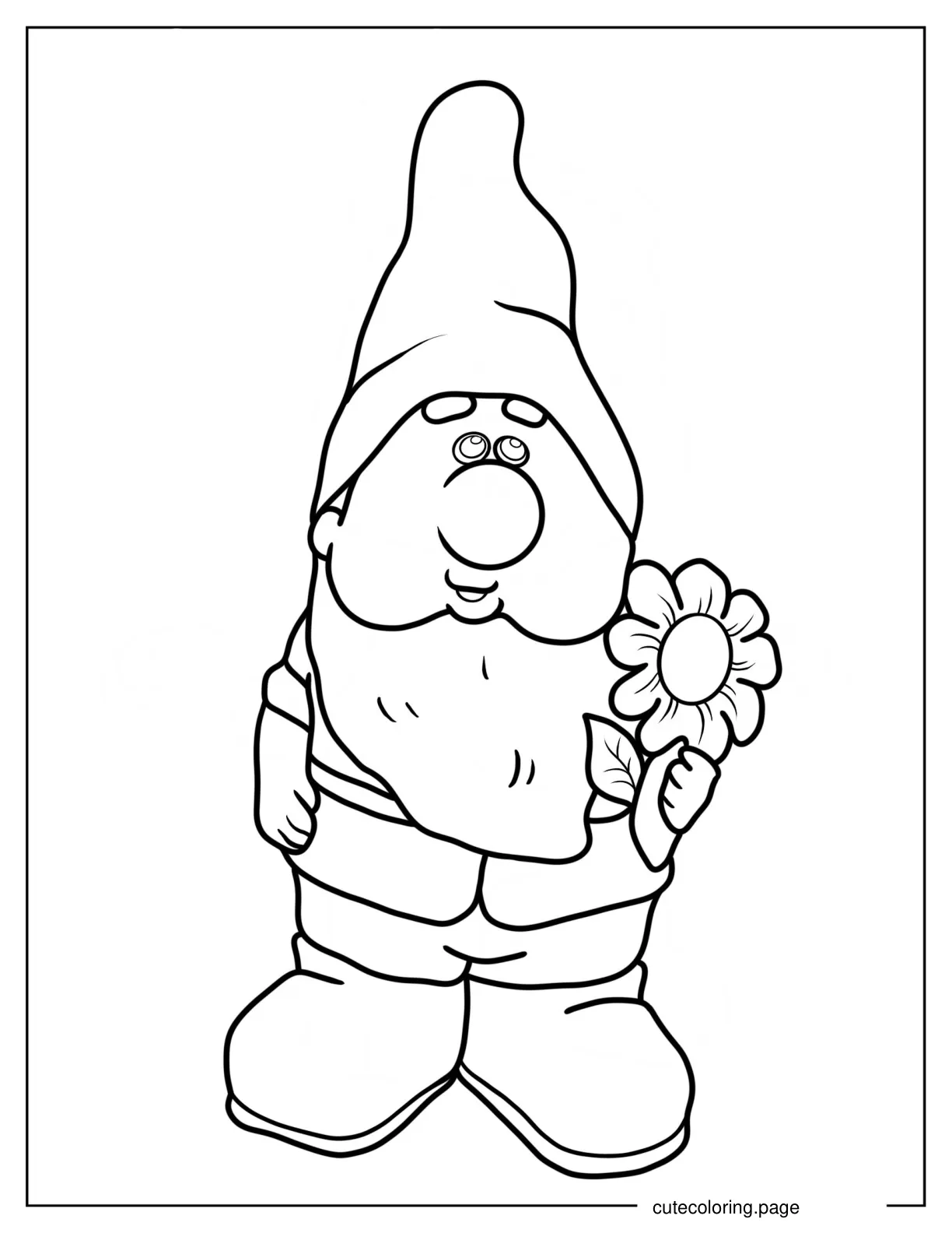 Cute Gnome Holding Flower Outline Coloring Sheet 1 coloring page