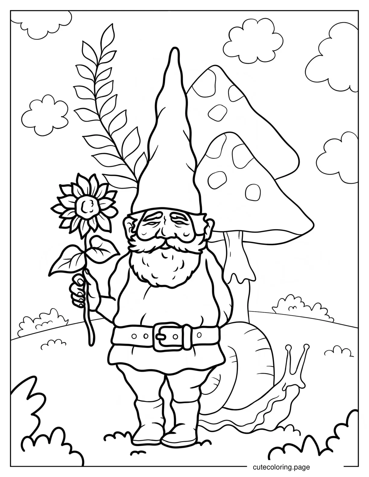 Gnome Holding Up Sunflower With Snail Beside Him 1 coloring page