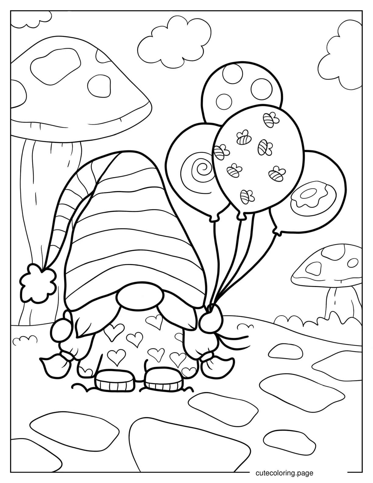 Gnome In Heart Pajamas Holding Balloons 1 coloring page