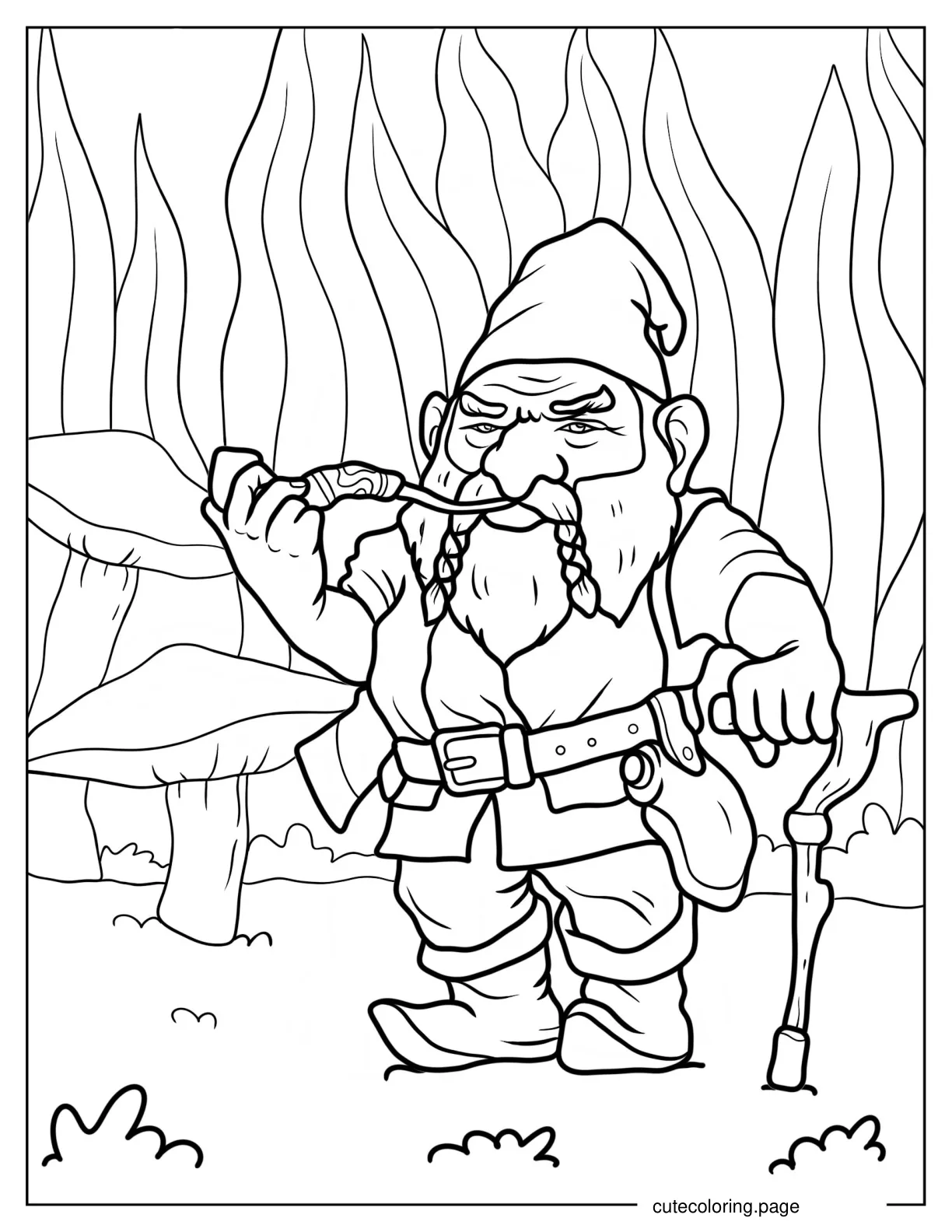 Gnome Smoking Pipe While Holding Cane Coloring Sheet 1 coloring page