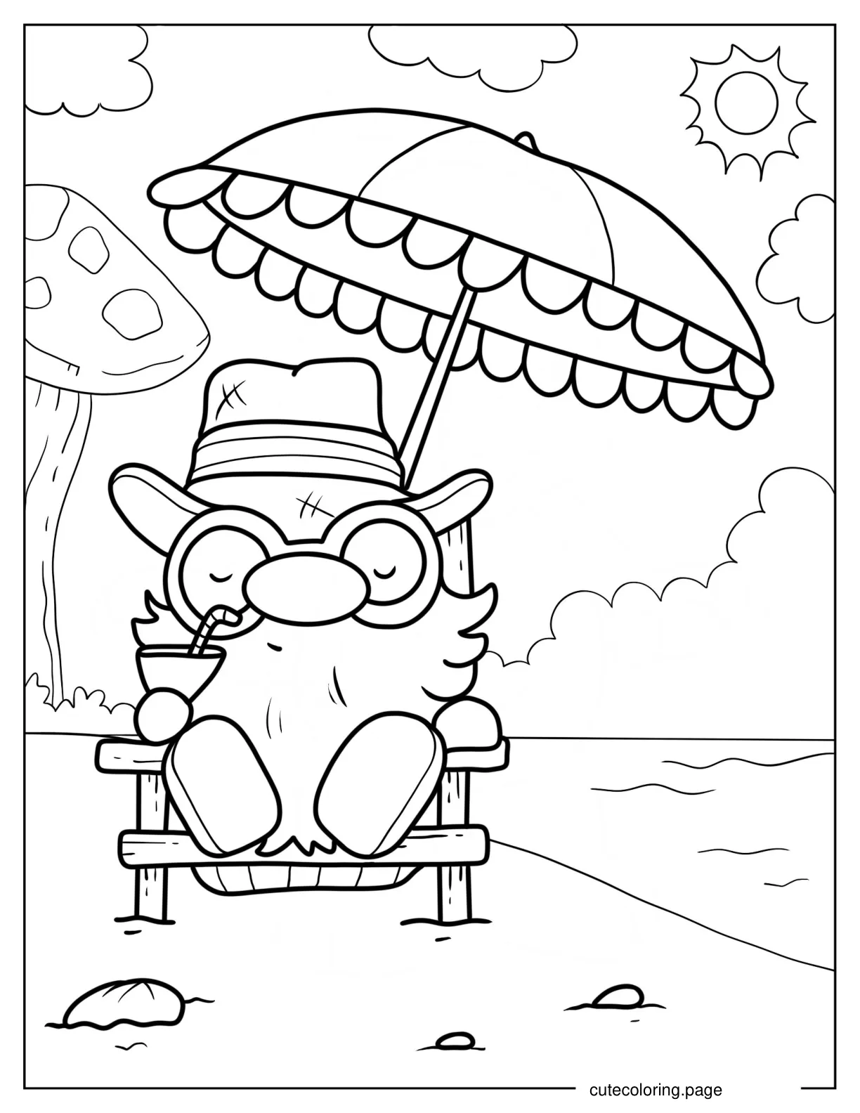 Gnome Sunbathing In Beach Coloring Sheet 1 coloring page