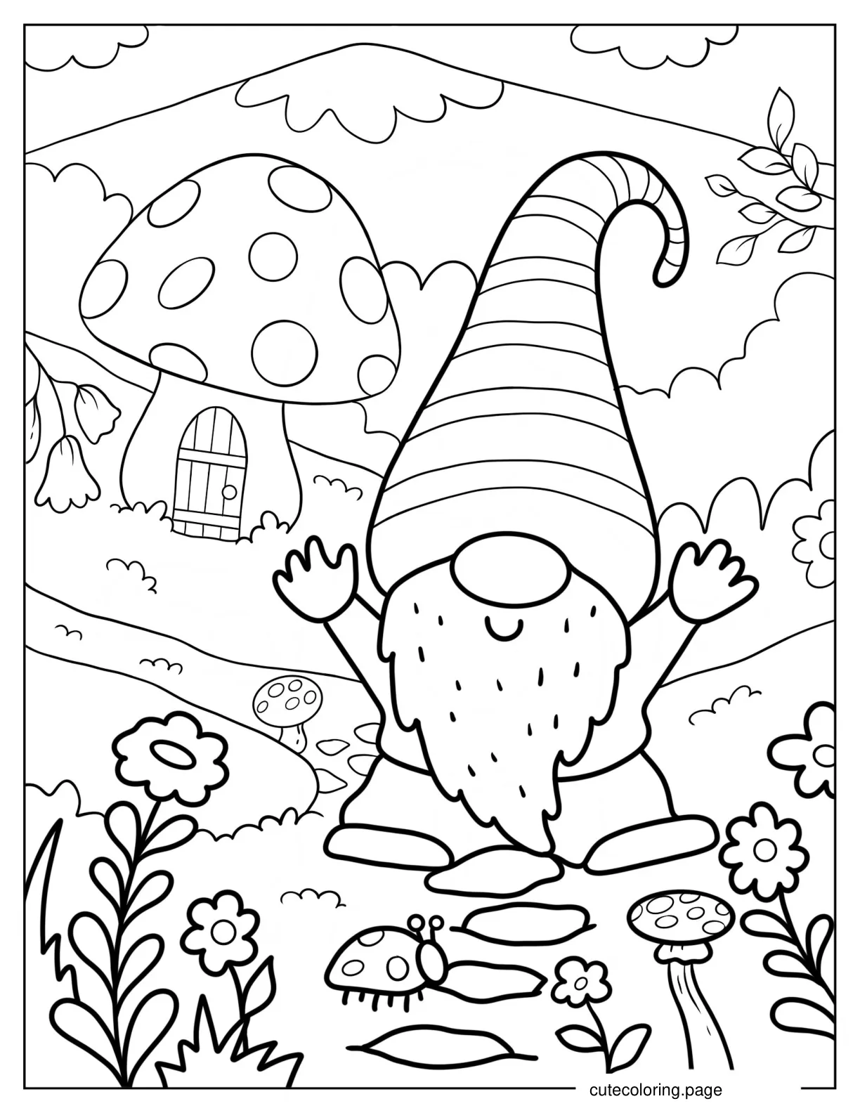 Gnome With Hands Up In Garden Coloring Page For Kids 1 coloring page