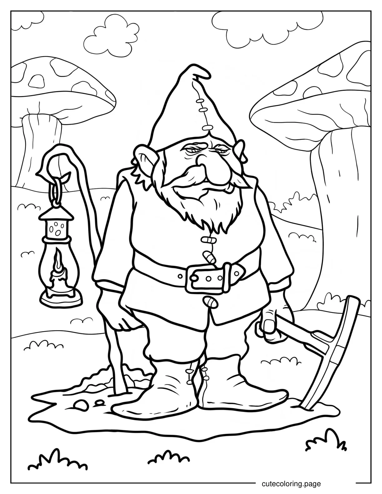 Grumpy Gnome With Lamp And Pickaxe Coloring Page 1 coloring page