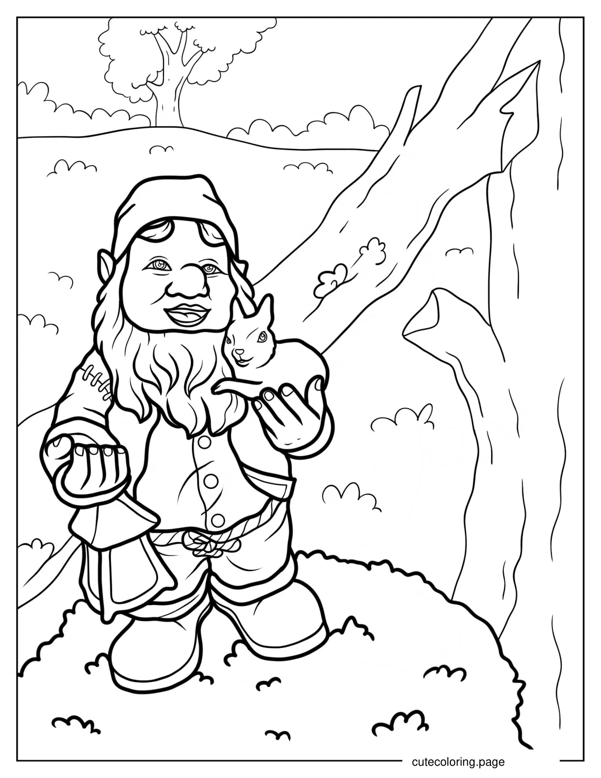 Happy Gnome Holding Lamp And Rabbit Beside Tree 1 coloring page