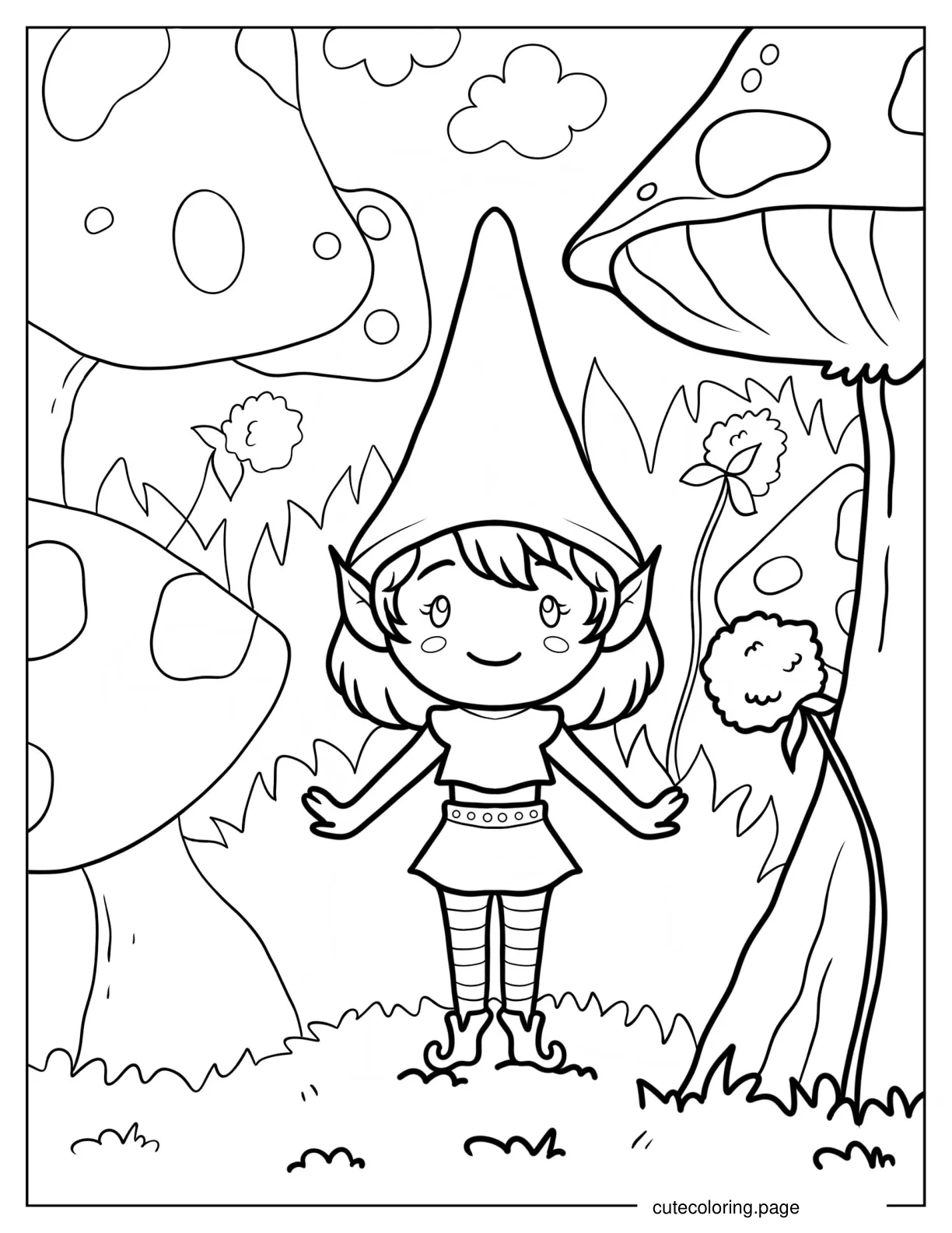 Kawaii Female Gnome Standing Between Mushrooms Coloring Page 1 coloring page