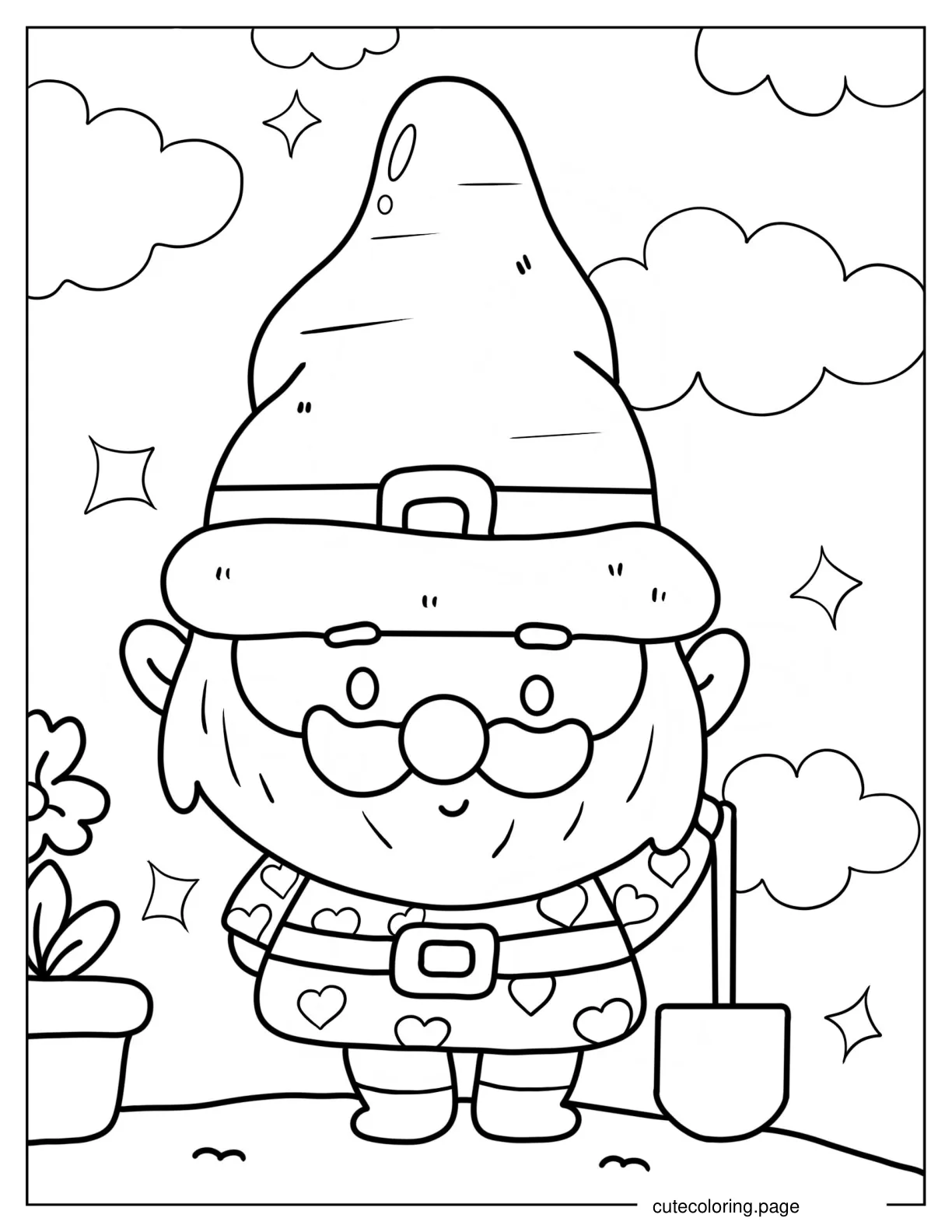 Kawaii Gnome Holding Shovel Coloring Sheet For Kids 1 coloring page