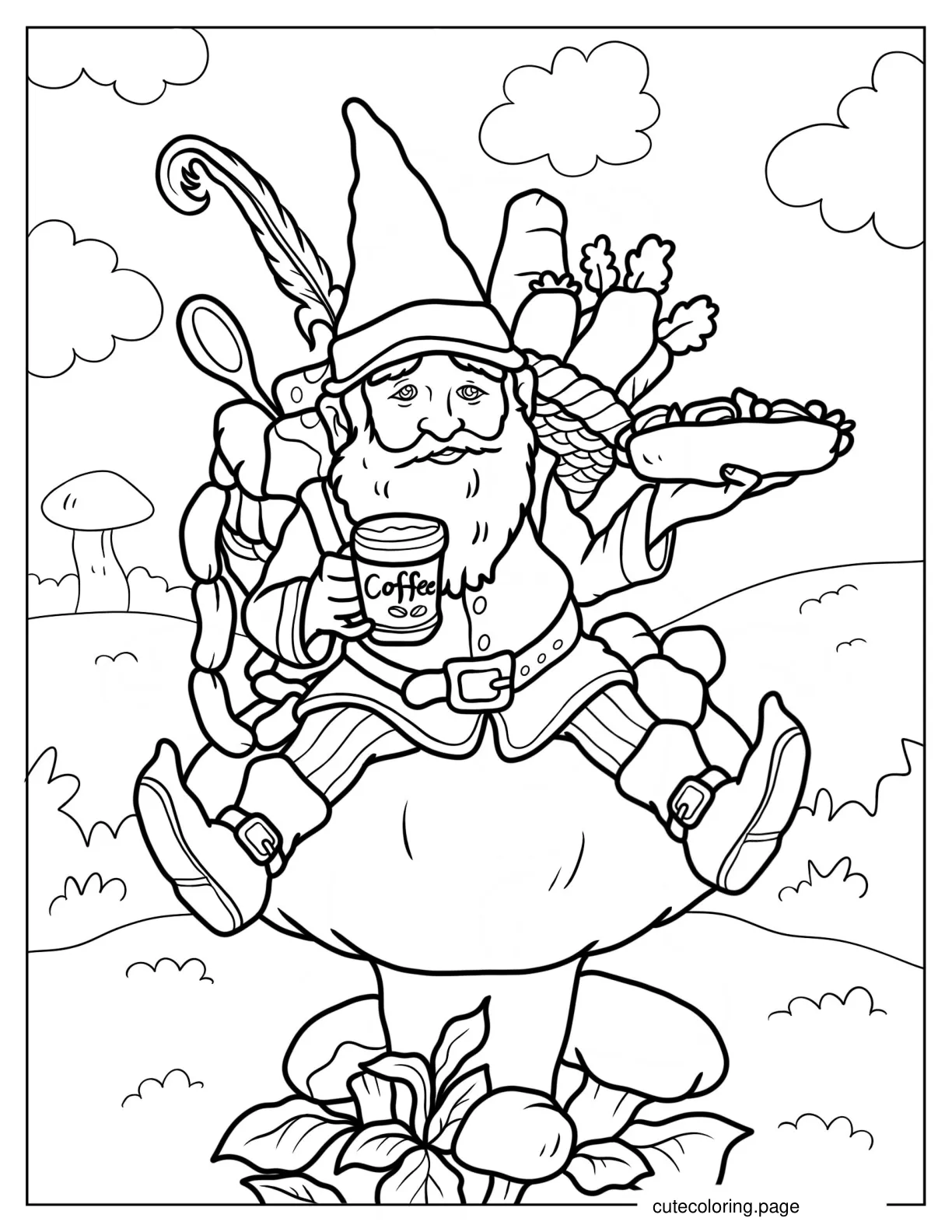 Realistic Gnome With Bags Of Sandwiches And Coffee Coloring Sheet 1 coloring page