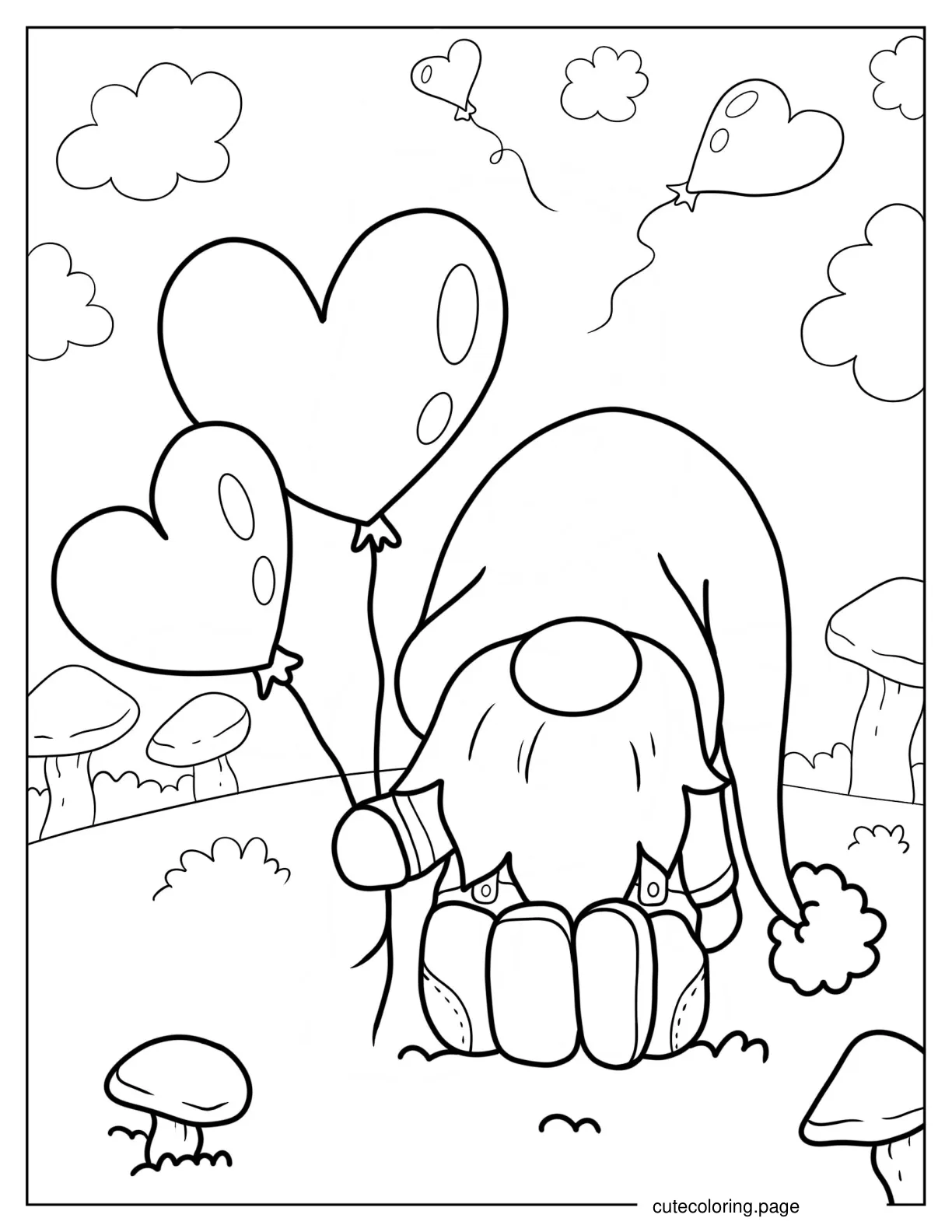 Simple Gnome Holding Heart Balloons Coloring Page 1 coloring page