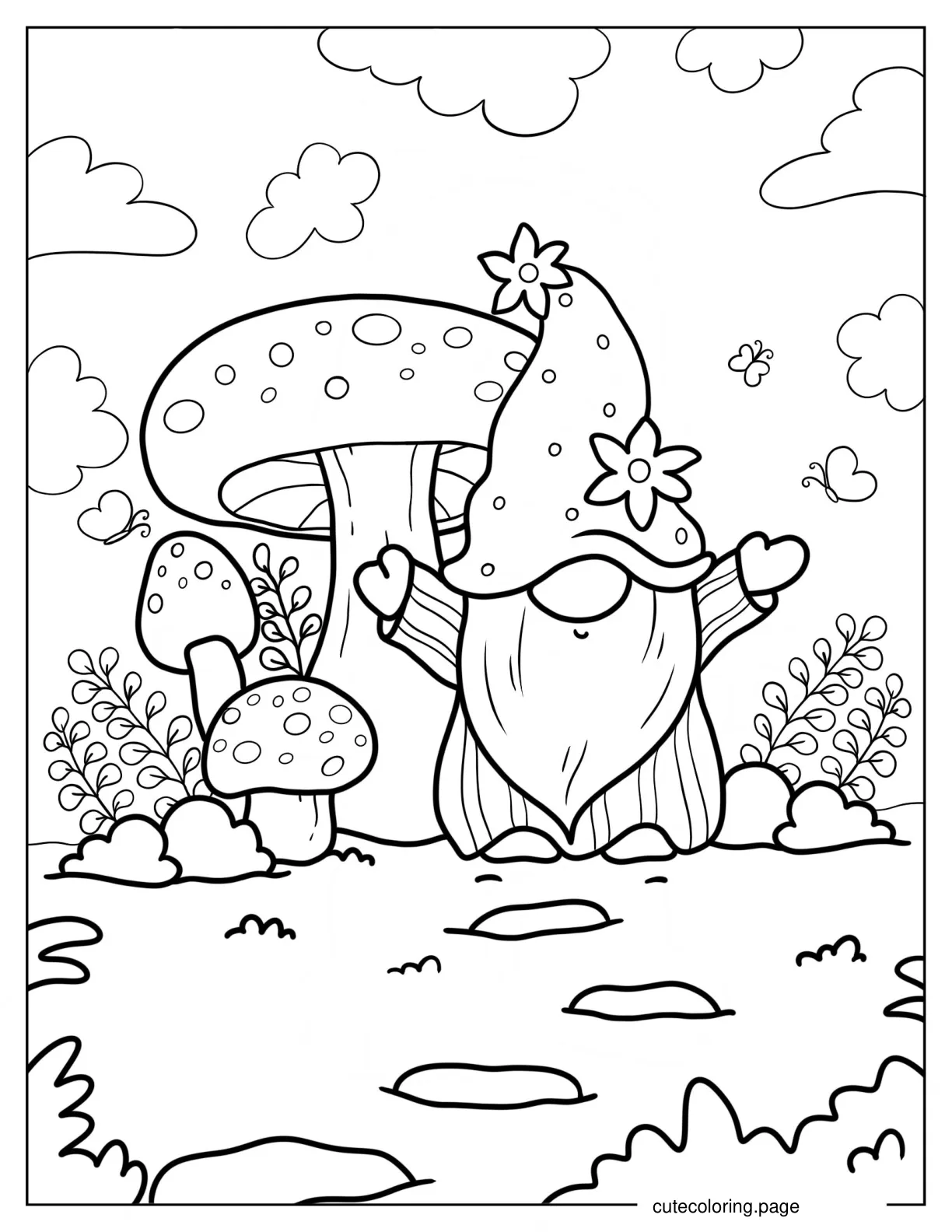 Smiling Gnome Standing Beside Fat Mushrooms 1 coloring page