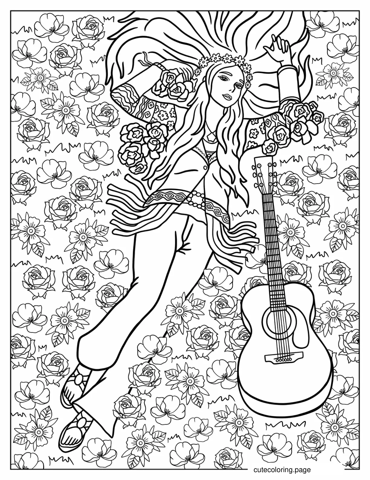 Detailed Hippie Girl Lying On Flower Field Next To Guitar coloring page