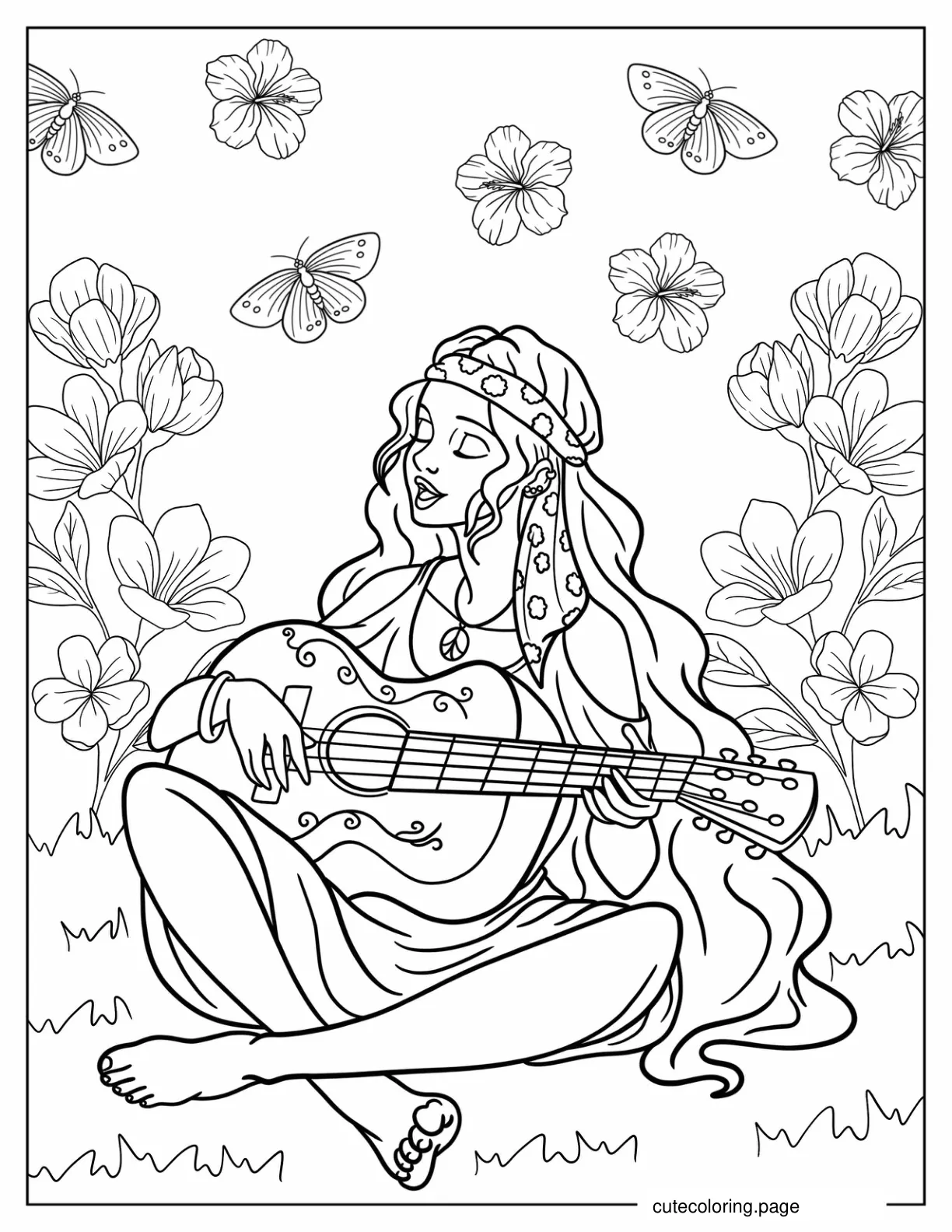 Hippie Girl Singing And Playing Guitar In Nature Coloring Page coloring page