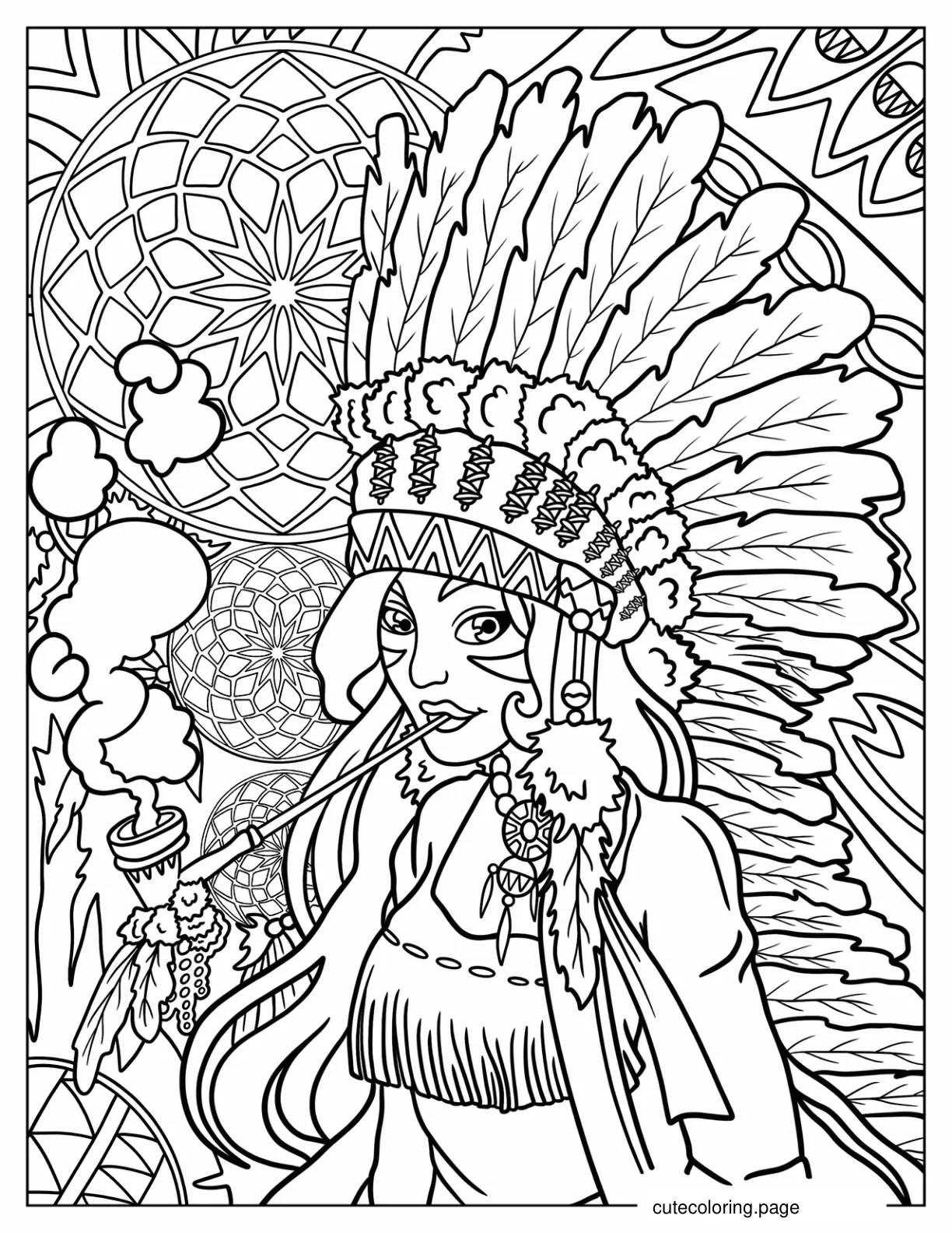 Hippie Girl Smoking From Pipe And Wearing Native American Headdress coloring page