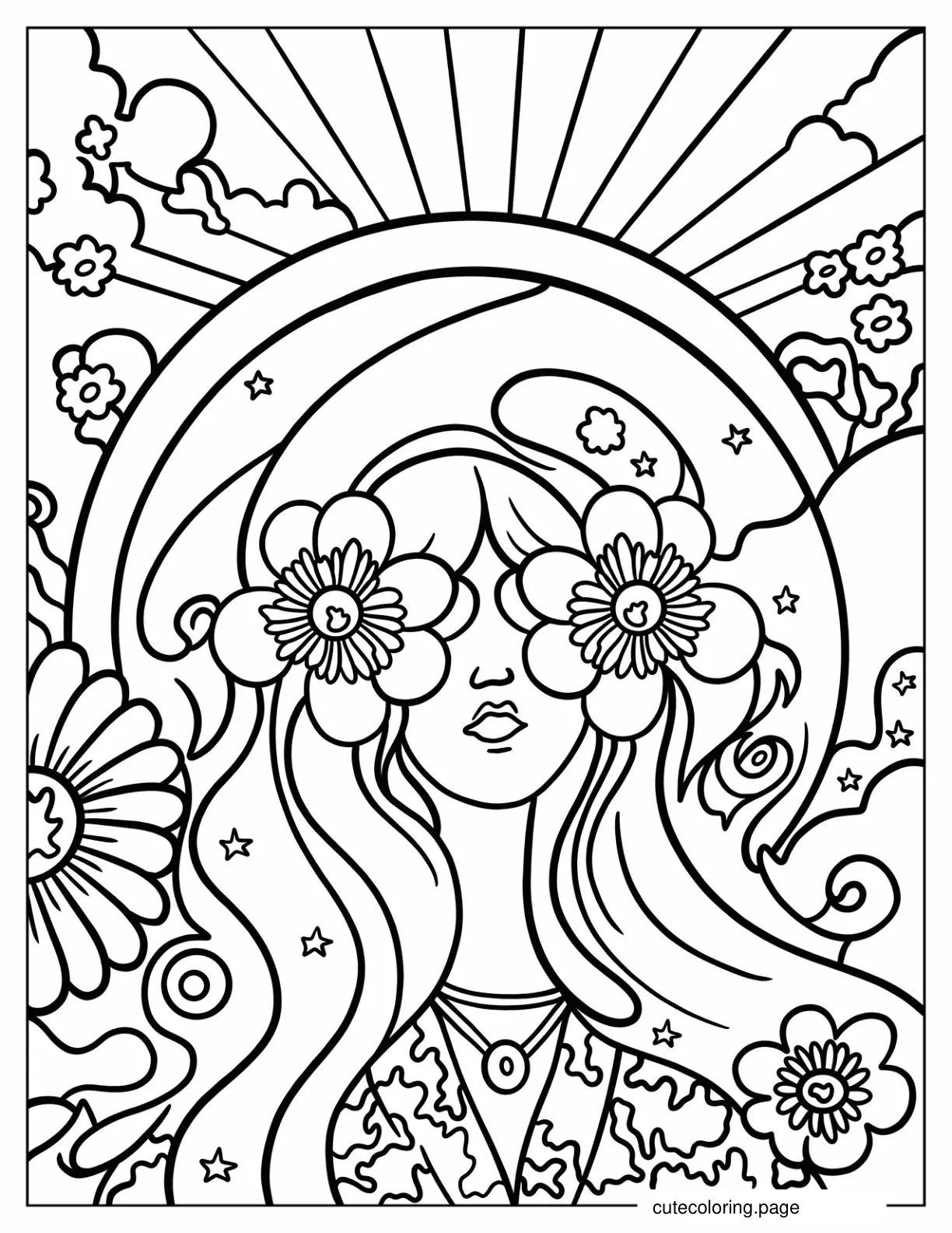 Hippie Girl With Flower Eyes coloring page