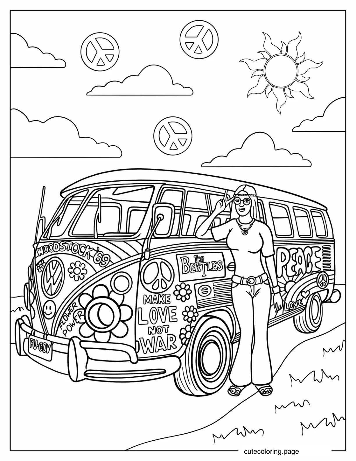 Hippie Girl With Parked Van And Peace Logos In Sky Coloring Sheet coloring page