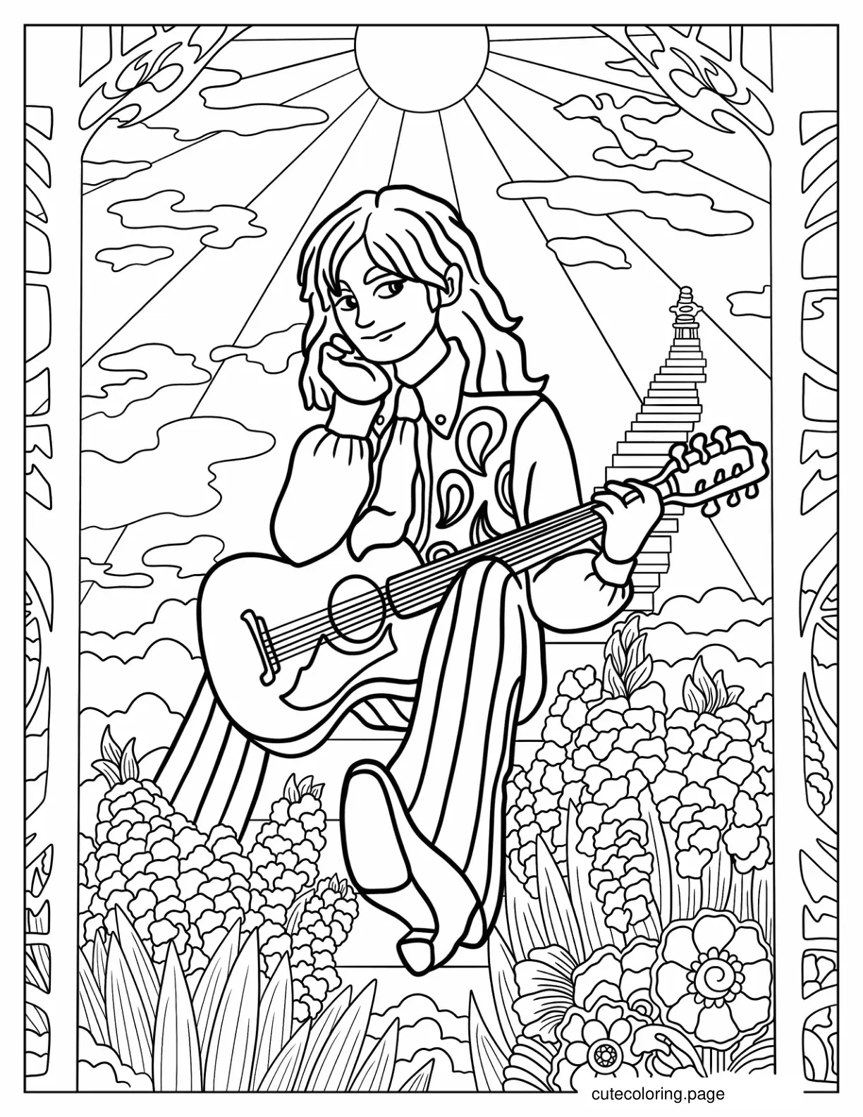 Hippie Man Holding Guitar With Stairway To Heaven In Background coloring page