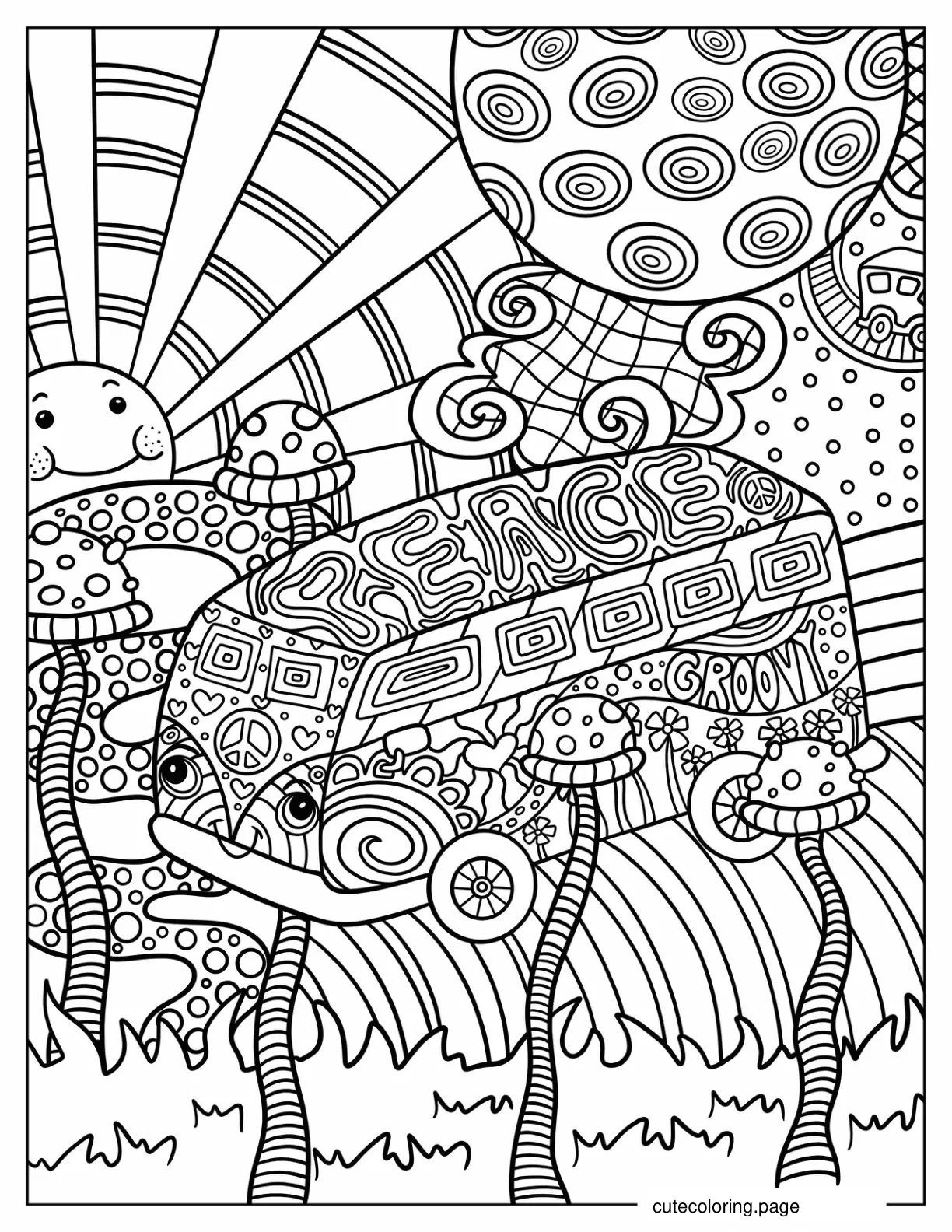 Hippie Van On Trippy Landscape Coloring Page coloring page