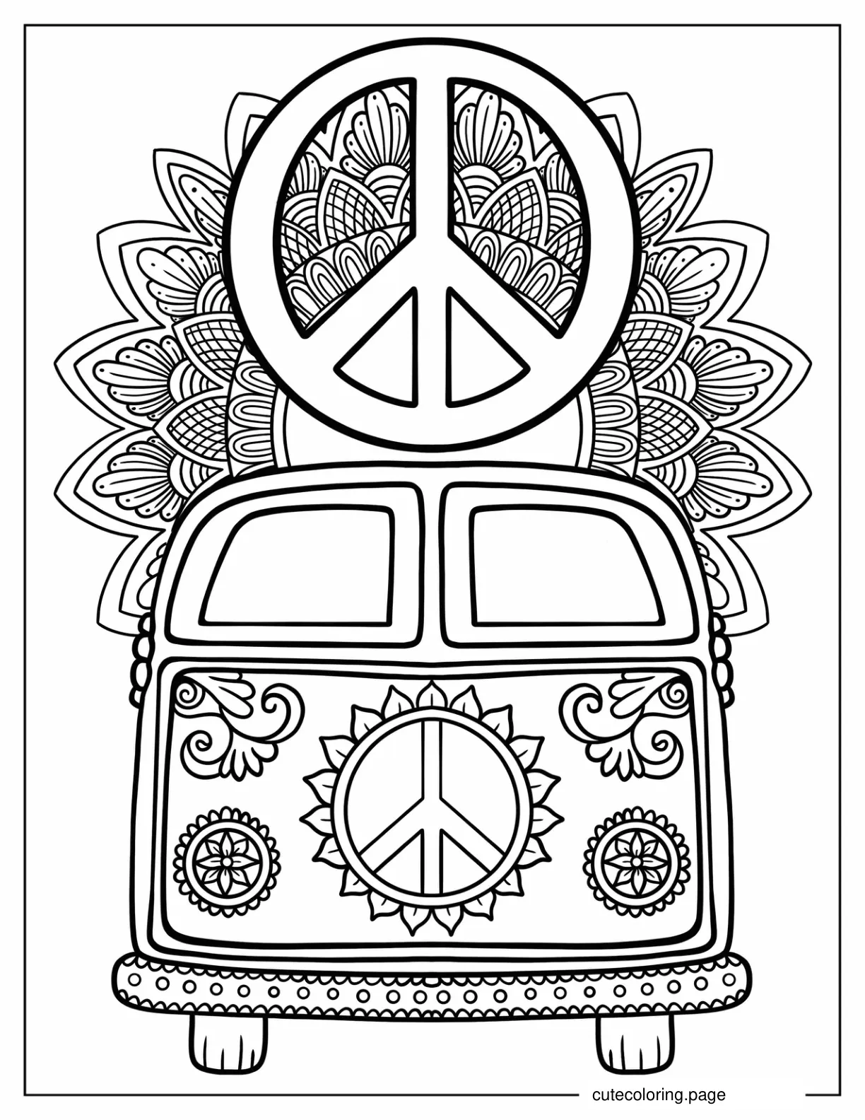 Hippie Van With Peace Symbol And Flower Mandala In Background coloring page