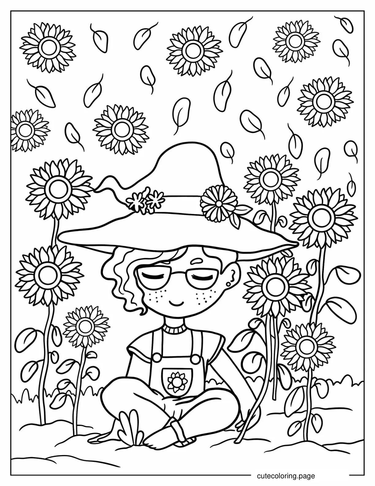 Kawaii Hippie Girl With Sunflowers Coloring Sheet For Kids coloring page