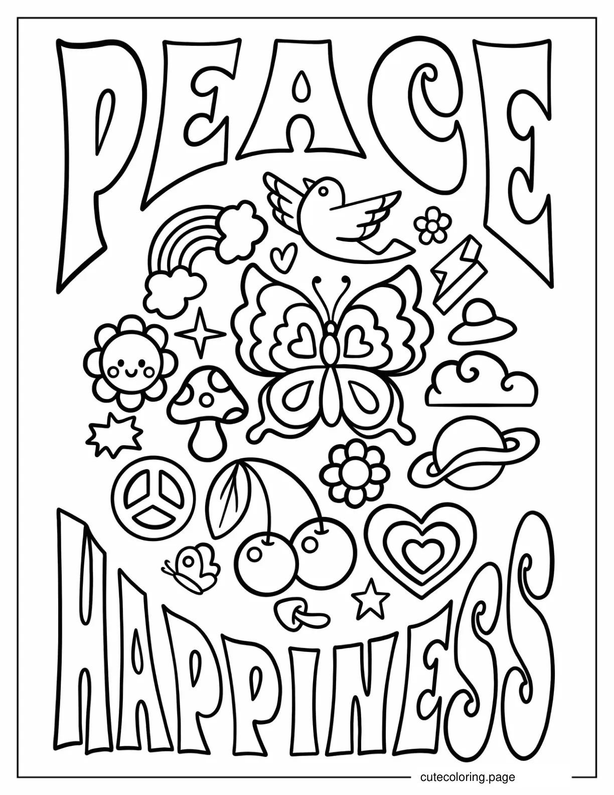 Peace _ Happiness Hippie Words With Butterflies And Flowers coloring page