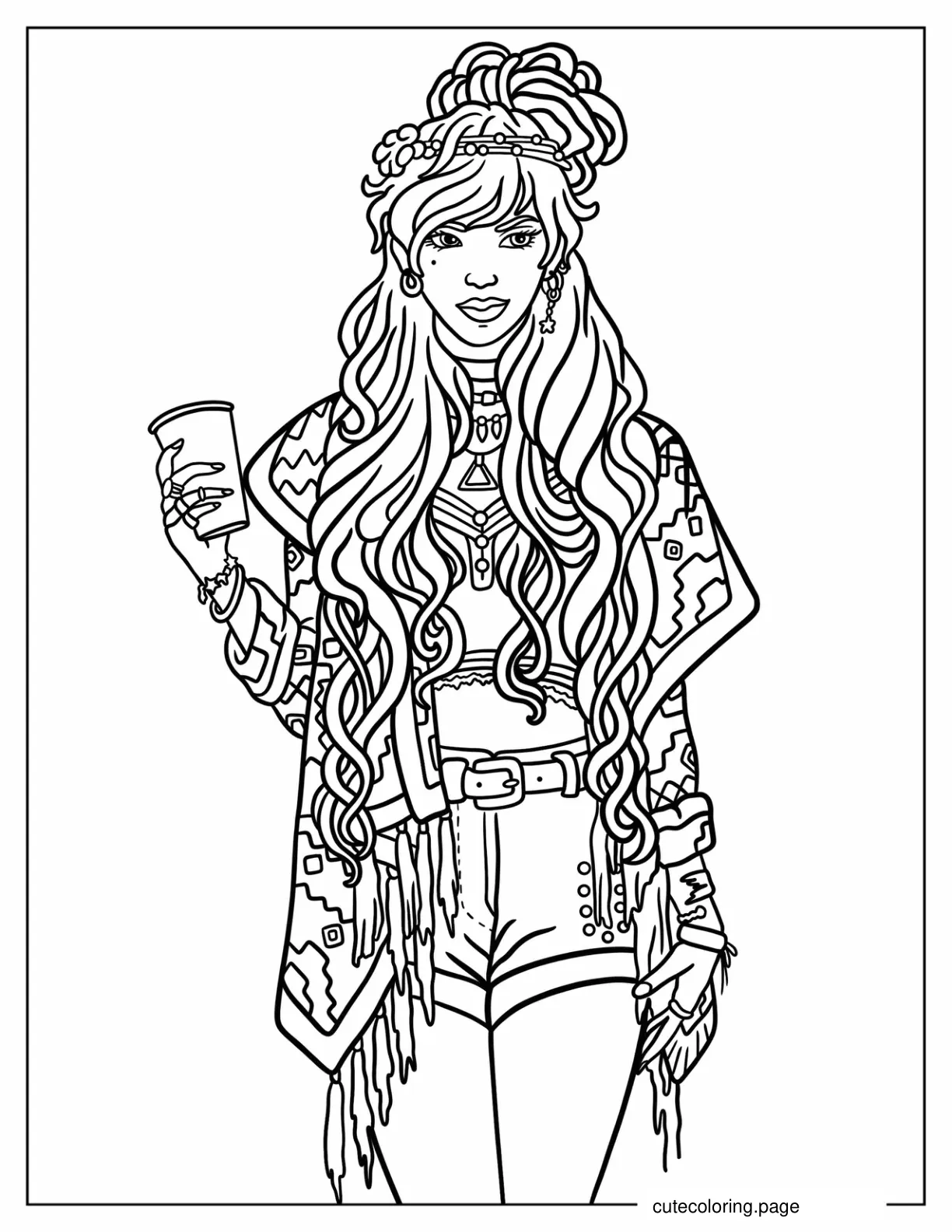 Realistic Hippie Woman Holding Cup Coloring Page coloring page