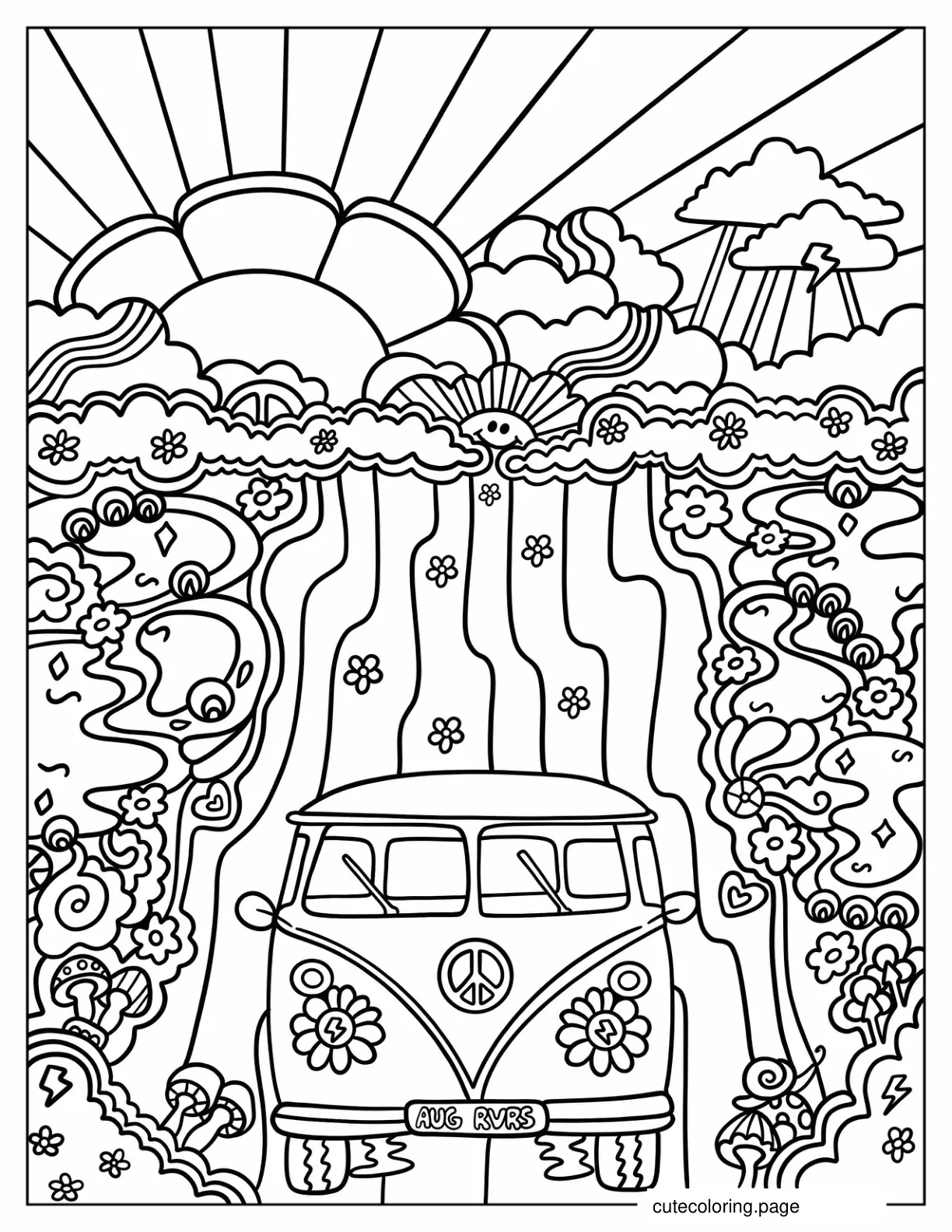 Volkswagen Hippie On Trippy Road Coloring Sheet coloring page