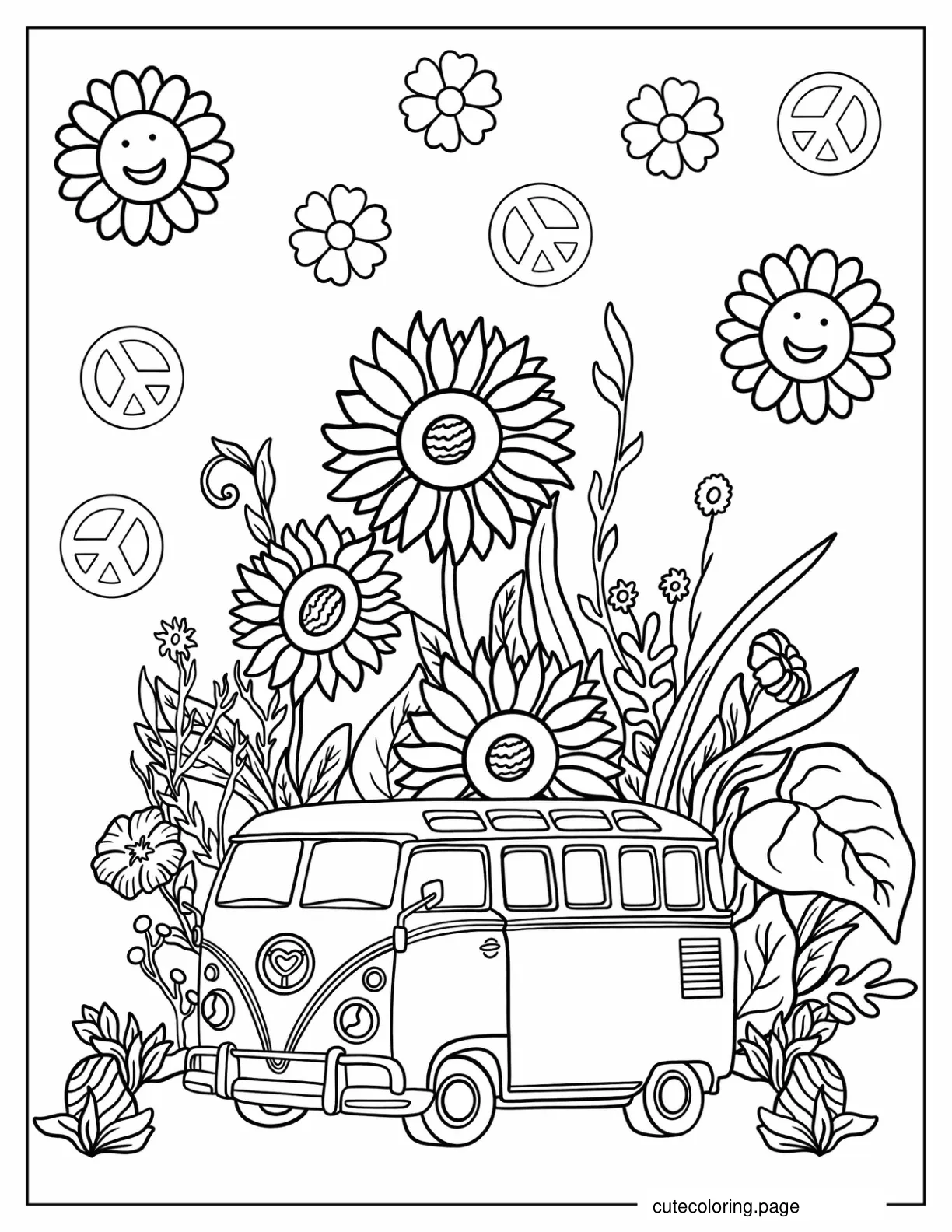 Volkswagen Van Surrounded By Giant Flowers And Leaves coloring page