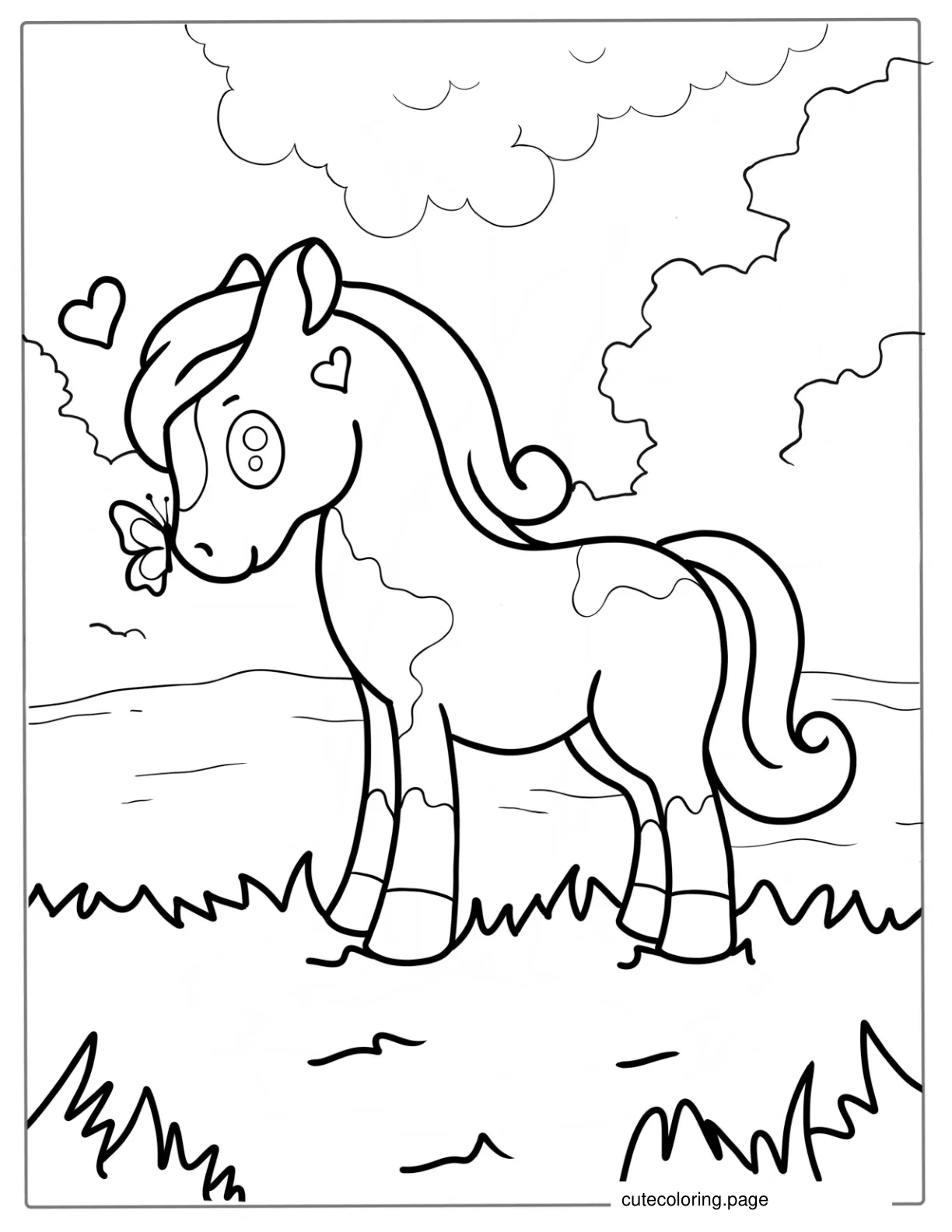 Cute Kawaii Horse With Butterfly To Color coloring page