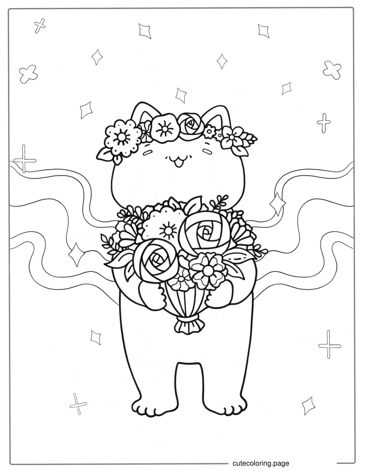 Kawaii Cat Holding Flowers coloring page