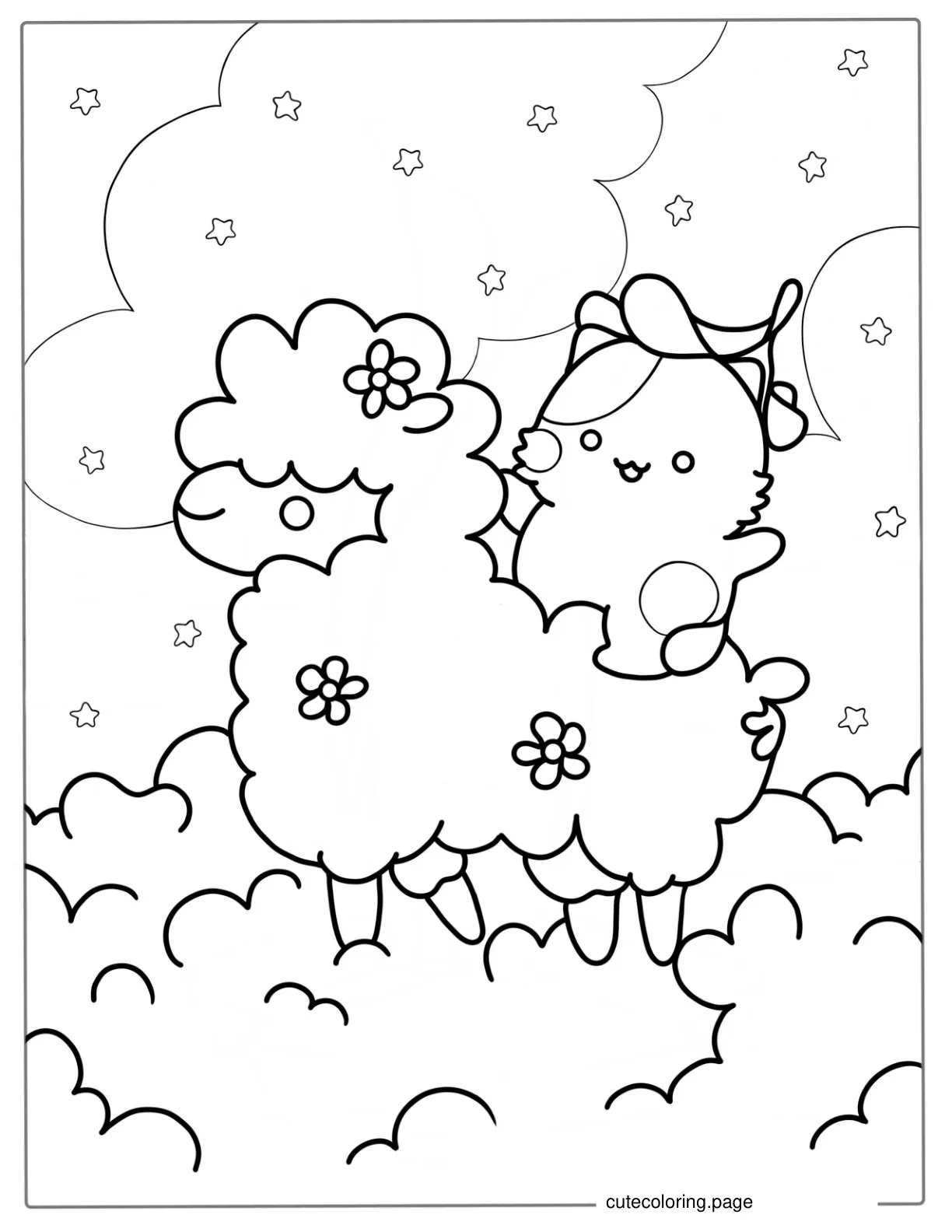 Kawaii Cat Riding a Sheep Coloring Page coloring page