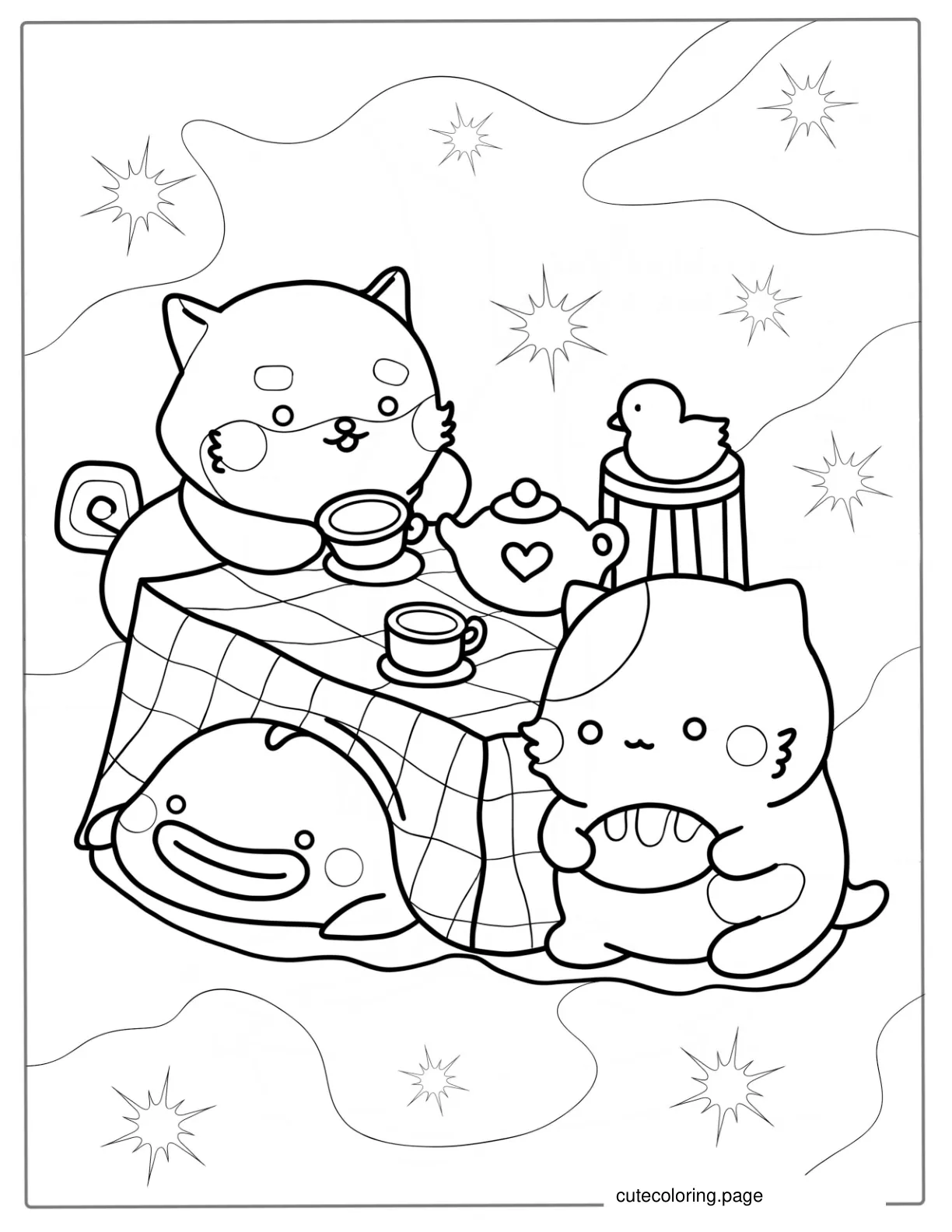 Kawaii Cats Eating Lunch To Color coloring page